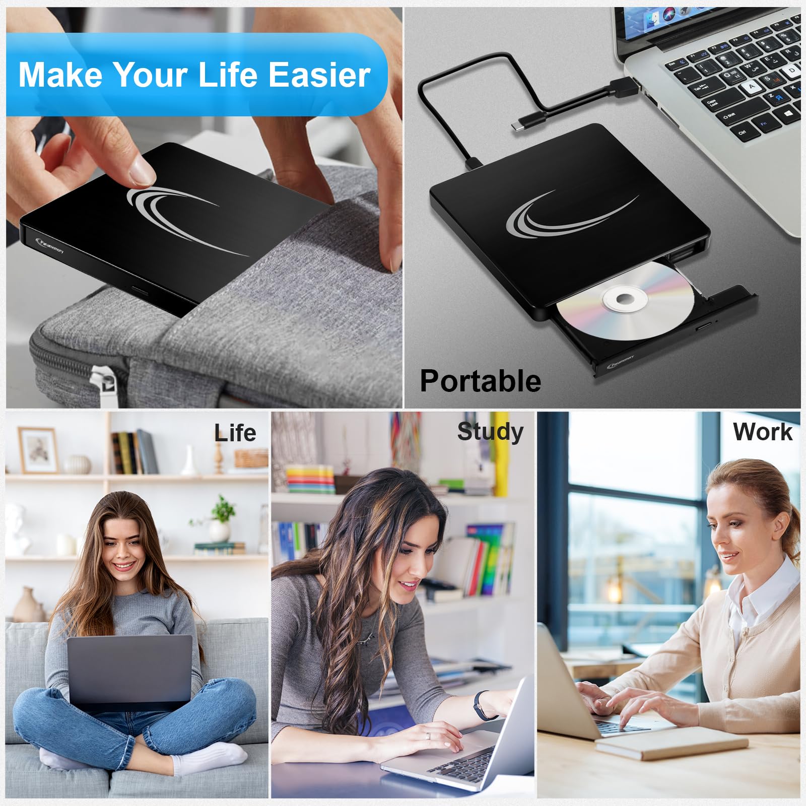 Masterizzatore DVD Esterno, Lettore CD Esterno per PC Portatile Unità Esterna USB 3.0 DVD-R CD-RW Drive Dispositivo Ultra Slim Per Laptop Windows 98/ME/ 2000/XP/Vista/7/8/10/11 Nero