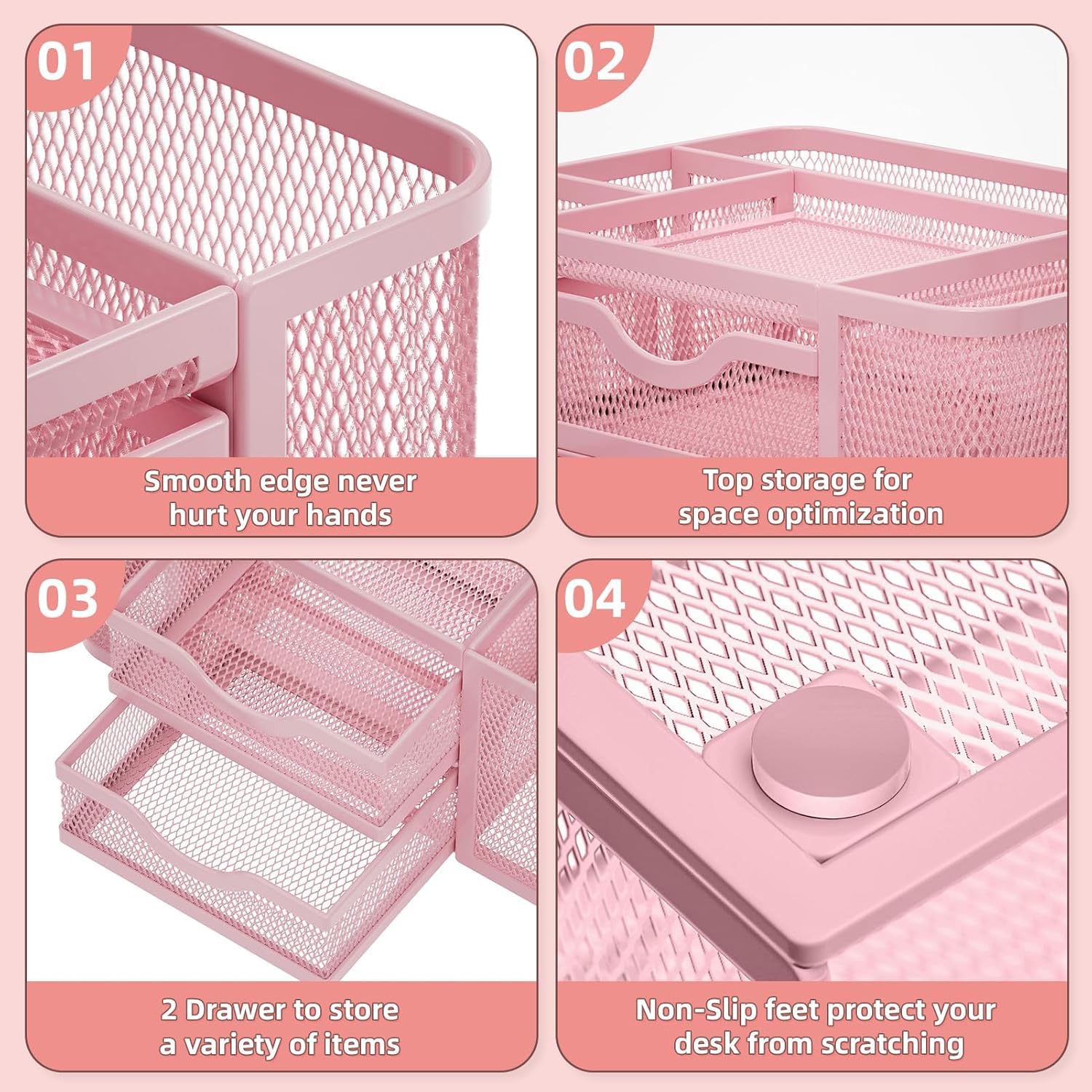 Marbrasse Organizer Scrivania con Cassetti, Porta Penne da Scrivania in Rete Metal, Rosa