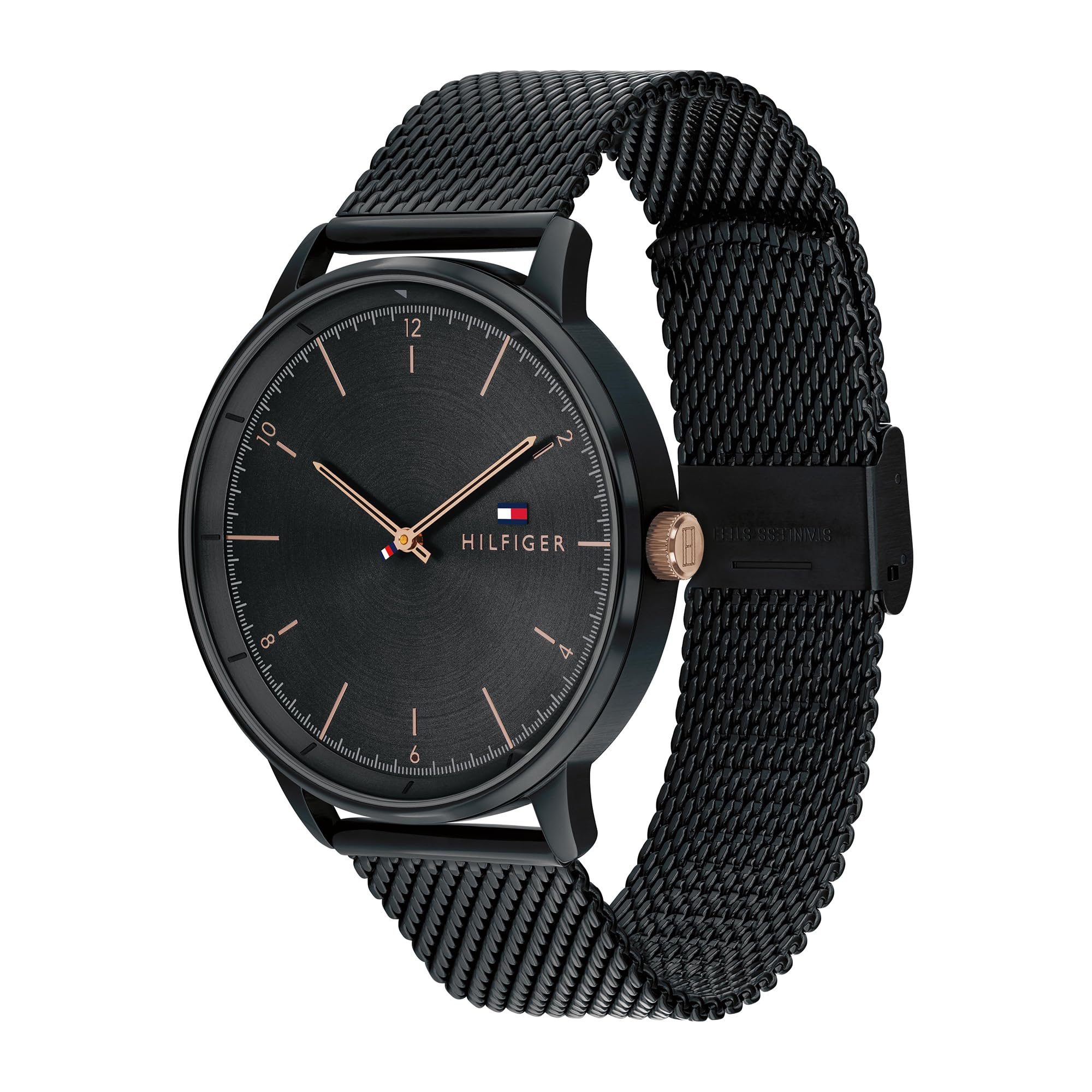 Tommy Hilfiger Analog Quarzuhr für Herren mit Schwarzes Edelstahl-Mesh-Gliederarmband - 1791845