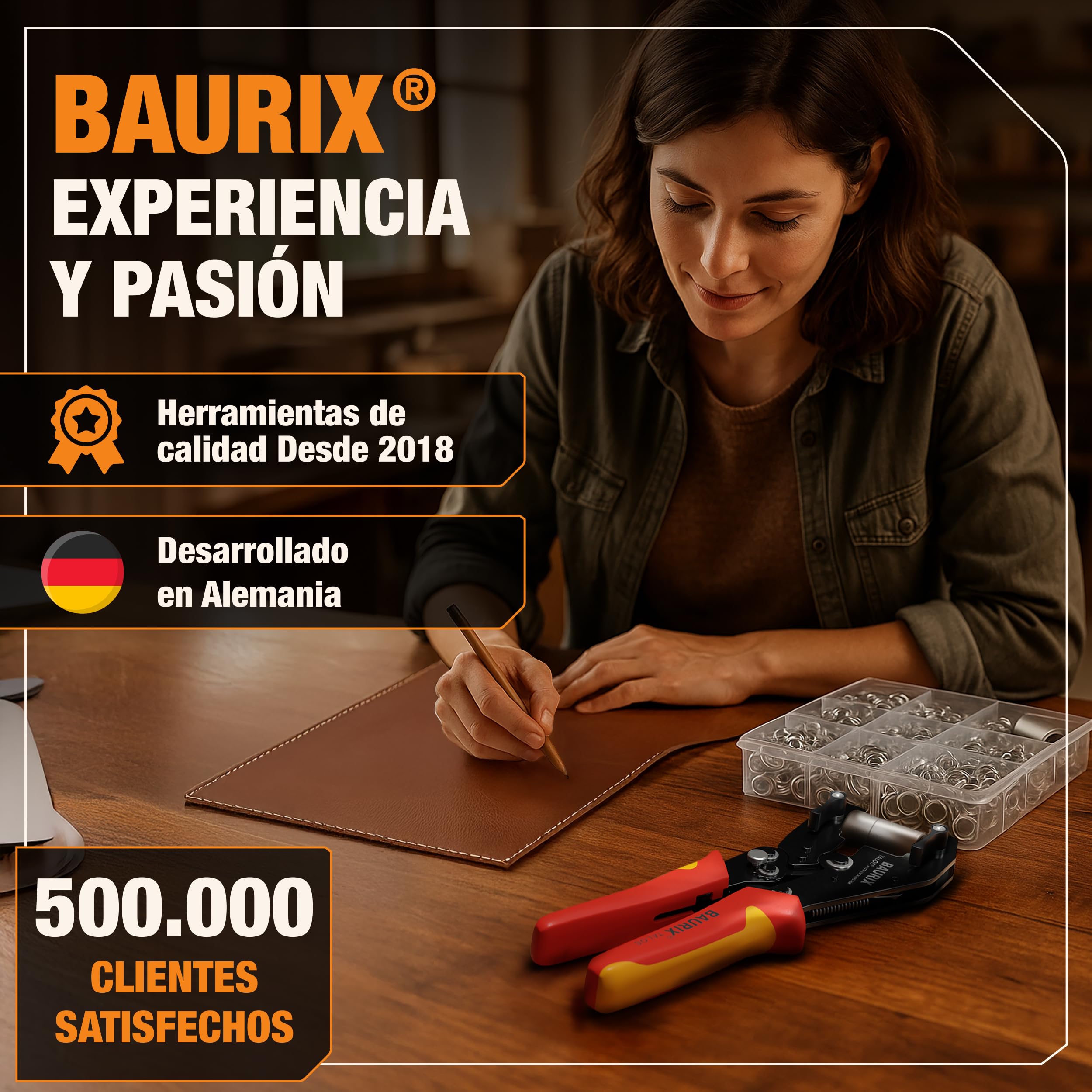 BAURIX® Alicate para Ojales con 200 Ojetes de Metal (Ø10mm) – Perforación Automática sin Troquelado Previo – para Lonas, Telas, Cuero y Textiles – ideal para Bricolaje y Costura - TALOS