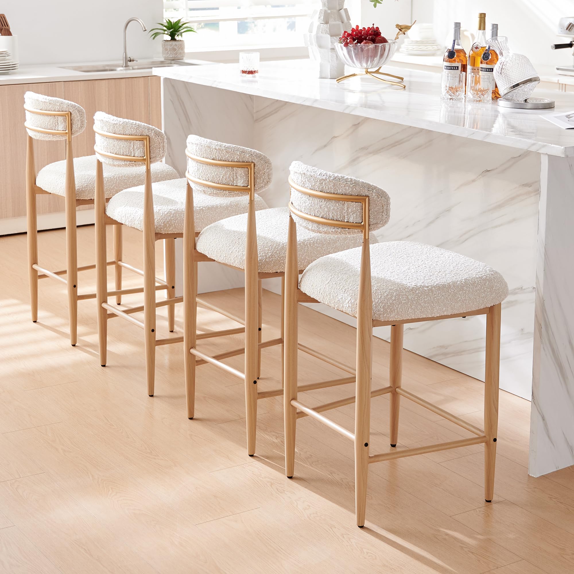 Morden Fort Counter Stools Set of 4 with Boucle Upholstered Seats, 26''H Counter Height Barstools, Kitchen Island Barstools with Gold Curved Back &