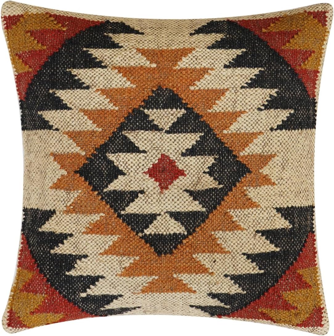 70% Jute 30% Wool Cushion Cover Handwoven Kilim Pillow Cover Square Pillow Sham Authentic Throw Pillow Case Boho Decorative Vintage Kilim Cushion Case for Outdoor Decor 18x18 Inches
