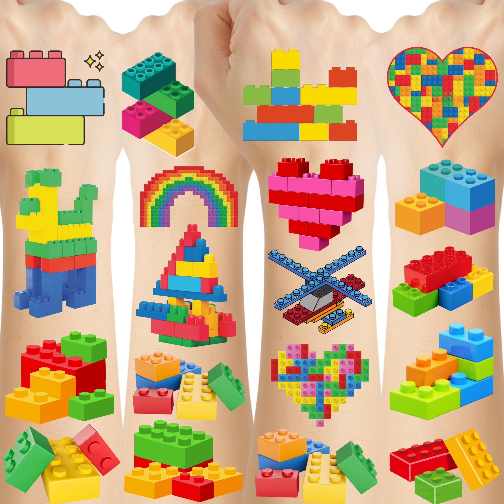 Building Block Temporary Tattoos Stickers Birthday Decorations Gift For Kids Party Supplies Favors Waterproof Outdoor Activity Colorful Outdoor