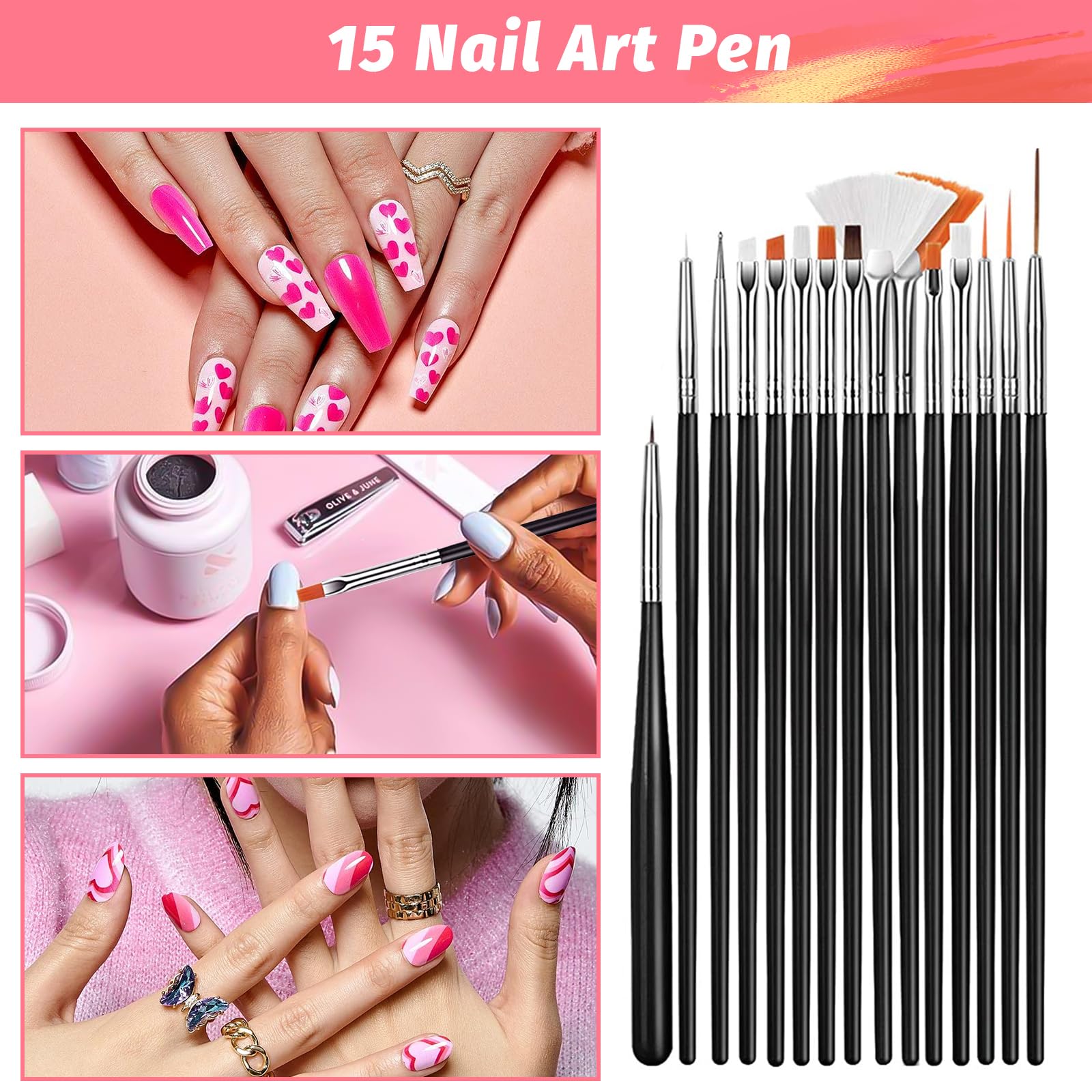 96 Pièces Kit de Nail Art Pinceau,15 Pcs Pinceaux Ongles Nail Art Brosses, 5 Stylos Dotting, 30 Pcs Striping Tape Autocollant, 3 Boîtes Ongles Strass,Nail Art Accessoires Professionnel kit