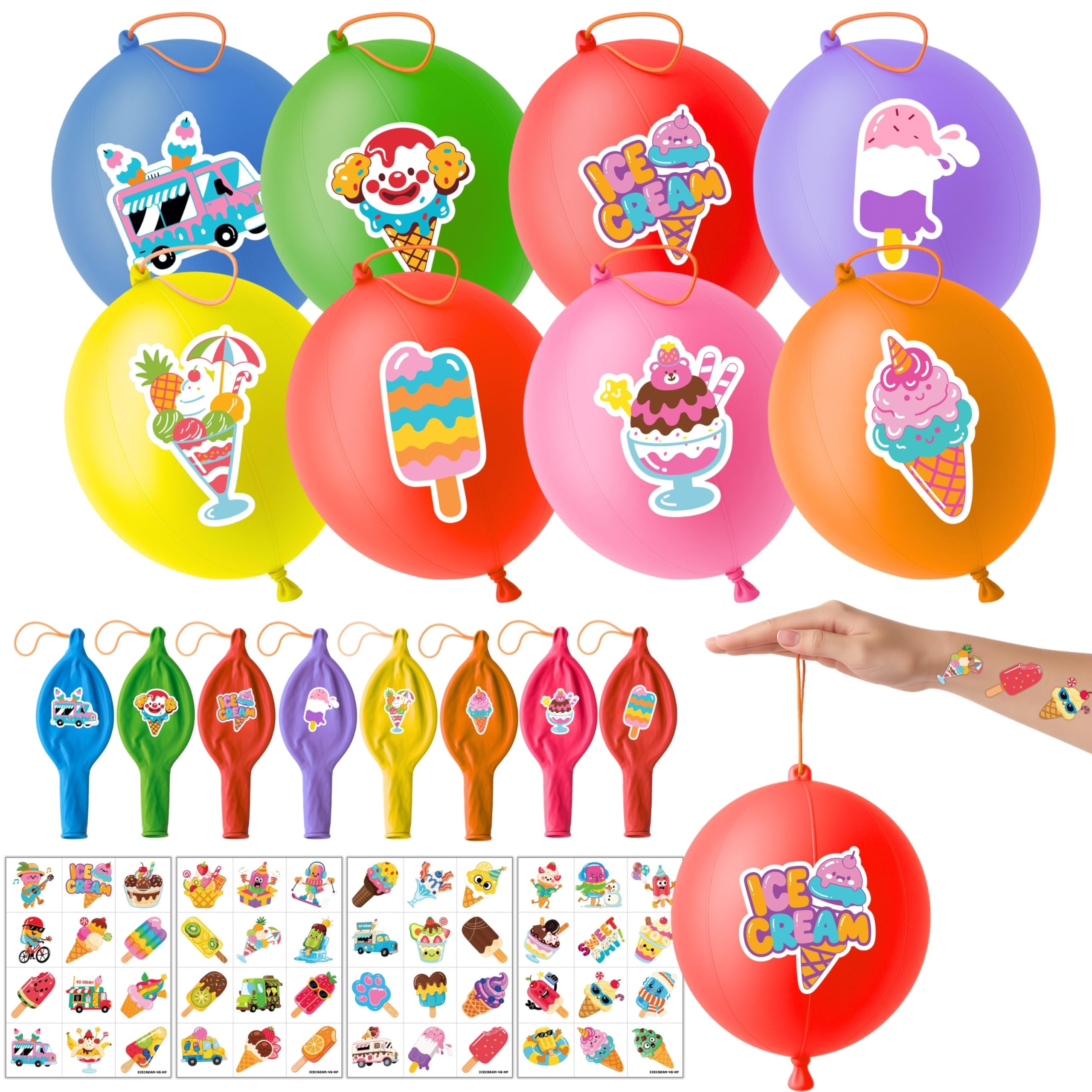 72 PCS Ice Cream Party Favors for Kids | 48 Pre-Cut Temporary Tattoos, 24 Punch Balloons, Summer Birthday, Goodie Bag Fillers