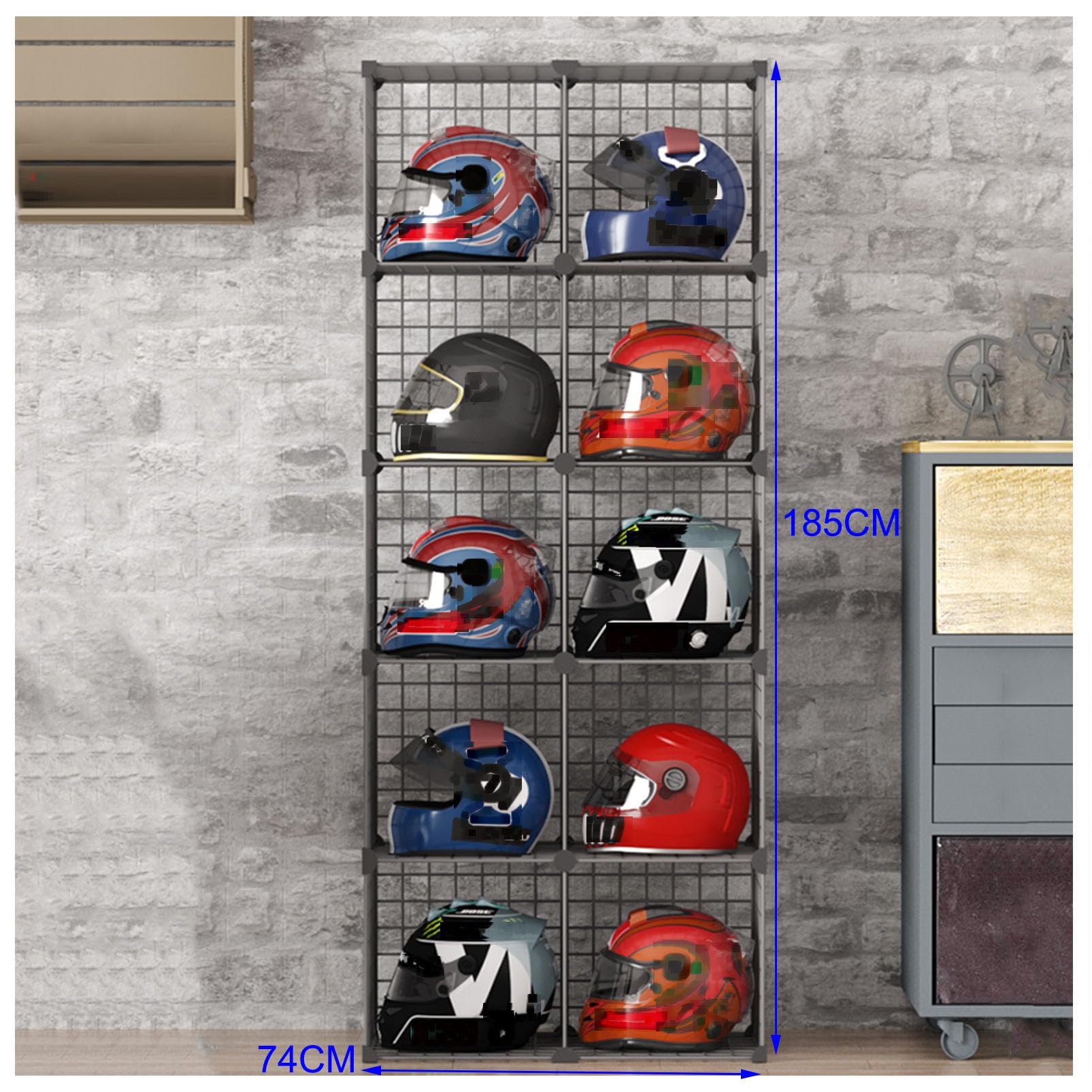 Soporte metálico para cascos de motocicleta, vitrina para sombreros, estante apilable para gorras, contenedores de almacenamiento de rejilla de alambre, percheros, librería, cubo rígido, bolsa para z