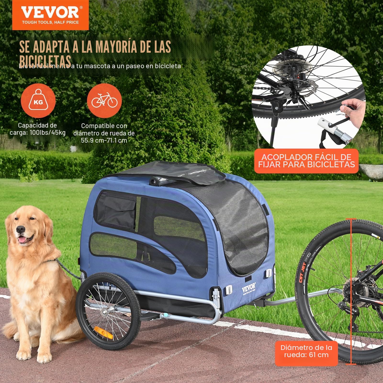 VEVOR Remolque para Perros, 30 kg, Acero al Carbono, Tejido Oxford 600D, Polipropileno, Plegable, 1440 x 720 x 779 mm, tamaño Plegado 760 x 560 x 195 mm, Color Naranja y Gris