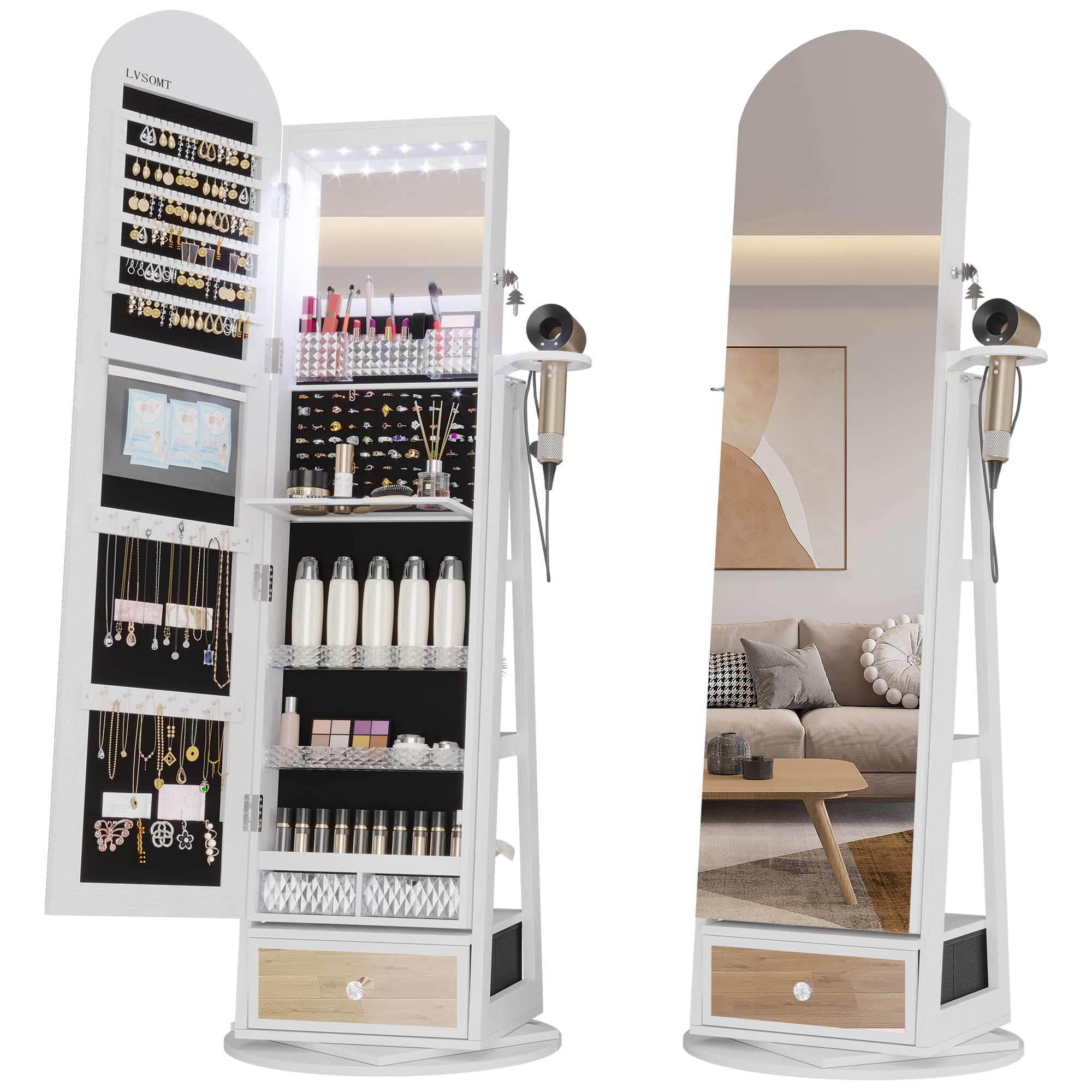 LVSOMT LED Armadio portagioie con Specchio Arco, Girevole 360° Armadietto portagioie da terra portagioie con Luci, Armadietto per gioielli Bloccabile, Arcuato Specchio contenitore con ripiani, Bianco