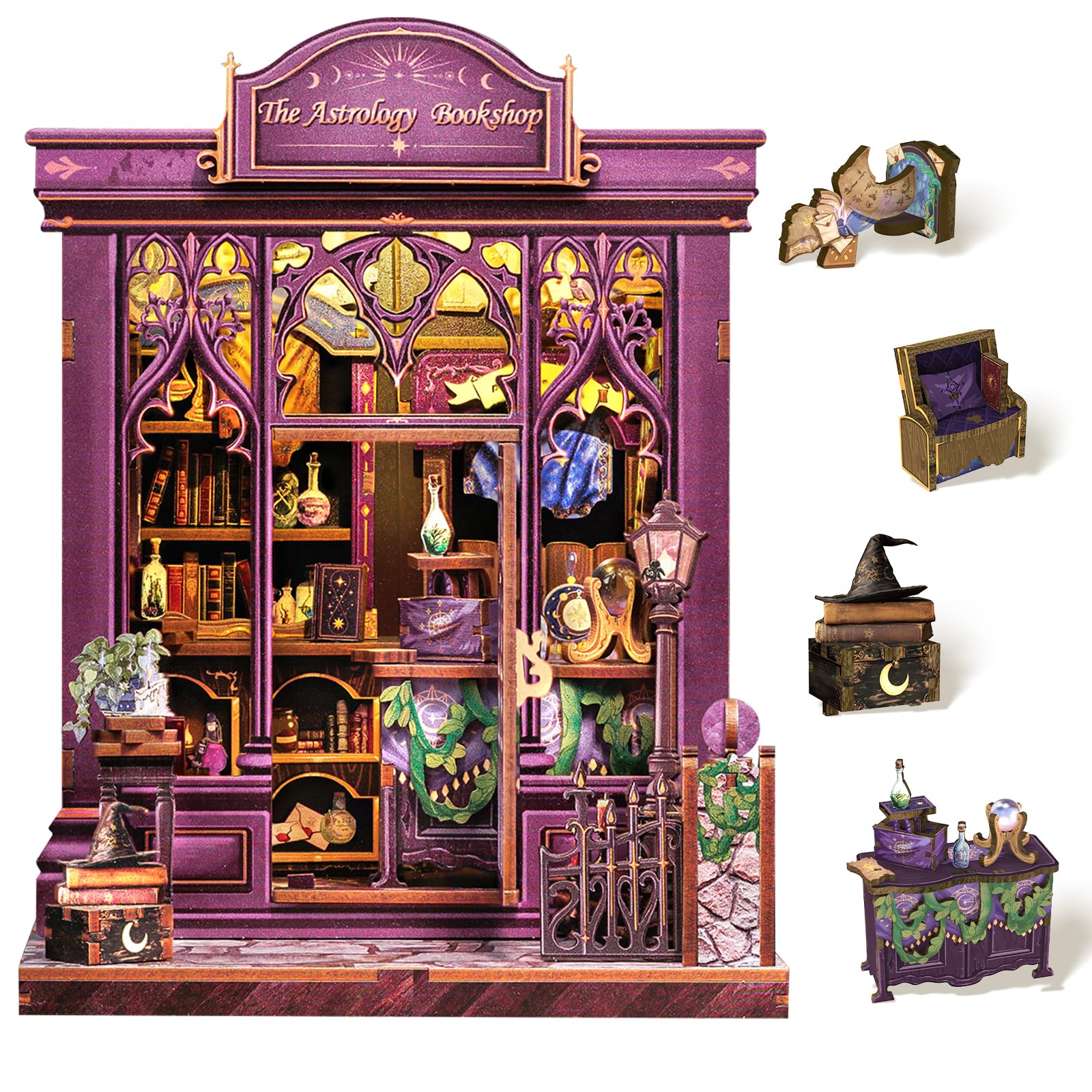 Cutefun Book Nook Kit - DIY Miniature Dollhouse Booknook Kit for Adults and Teens, 3D Wooden Puzzle Bookshelf Insert Decor with LED Light, Gifts for