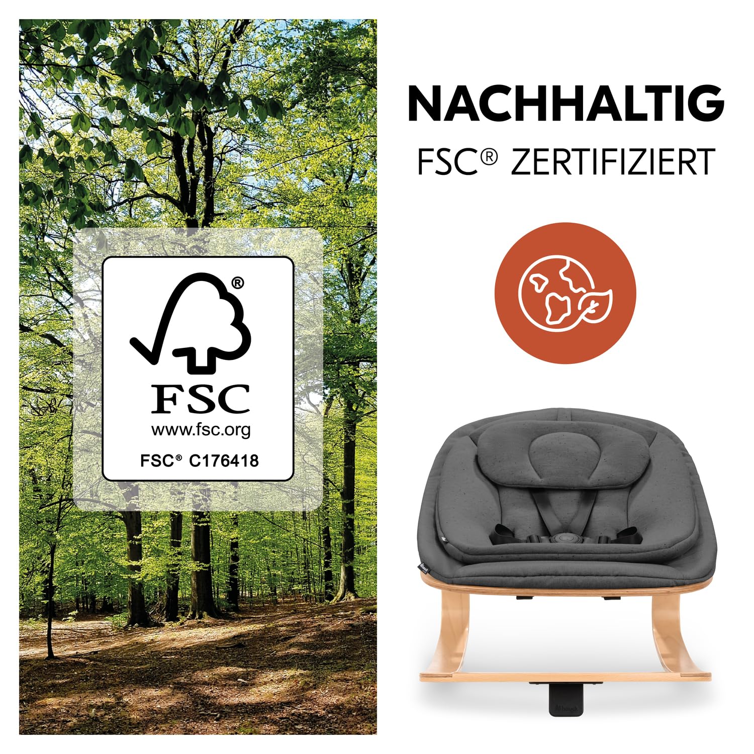hauck Holz Babywippe & Hochstuhlaufsatz, Highchair Bouncer Eco Deep Grey | Ergonomischer 3in1 Neugeborenenaufsatz für Alpha+ & Beta+ hauck Hochstuhl ab Geburt bis 15 kg, 5-Punkt-Gurt, Baumwollbezug