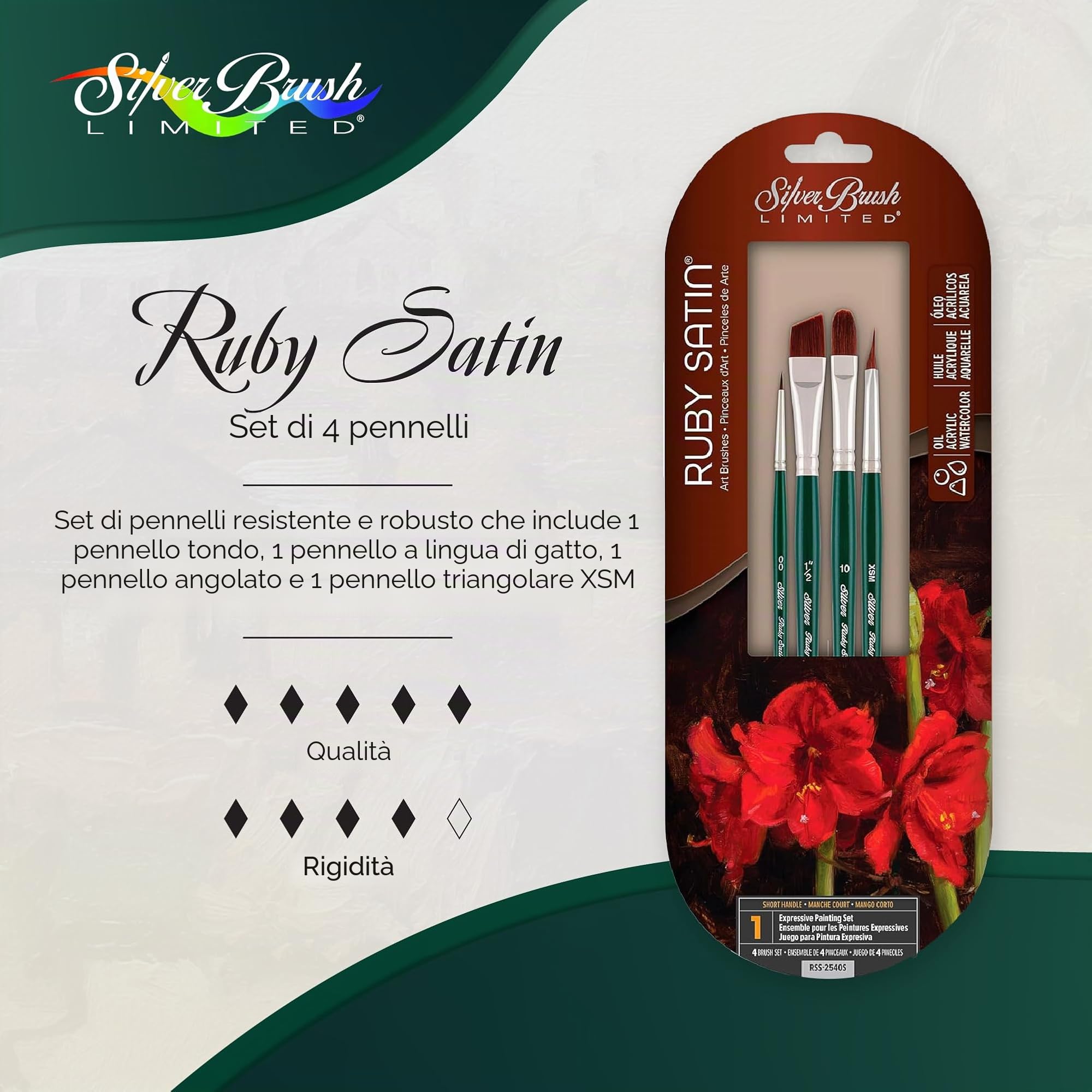 Silver Brush rss-2540s Ruby Satin Short Handle Acrylic/Oil Brush Set, 4 per Pack