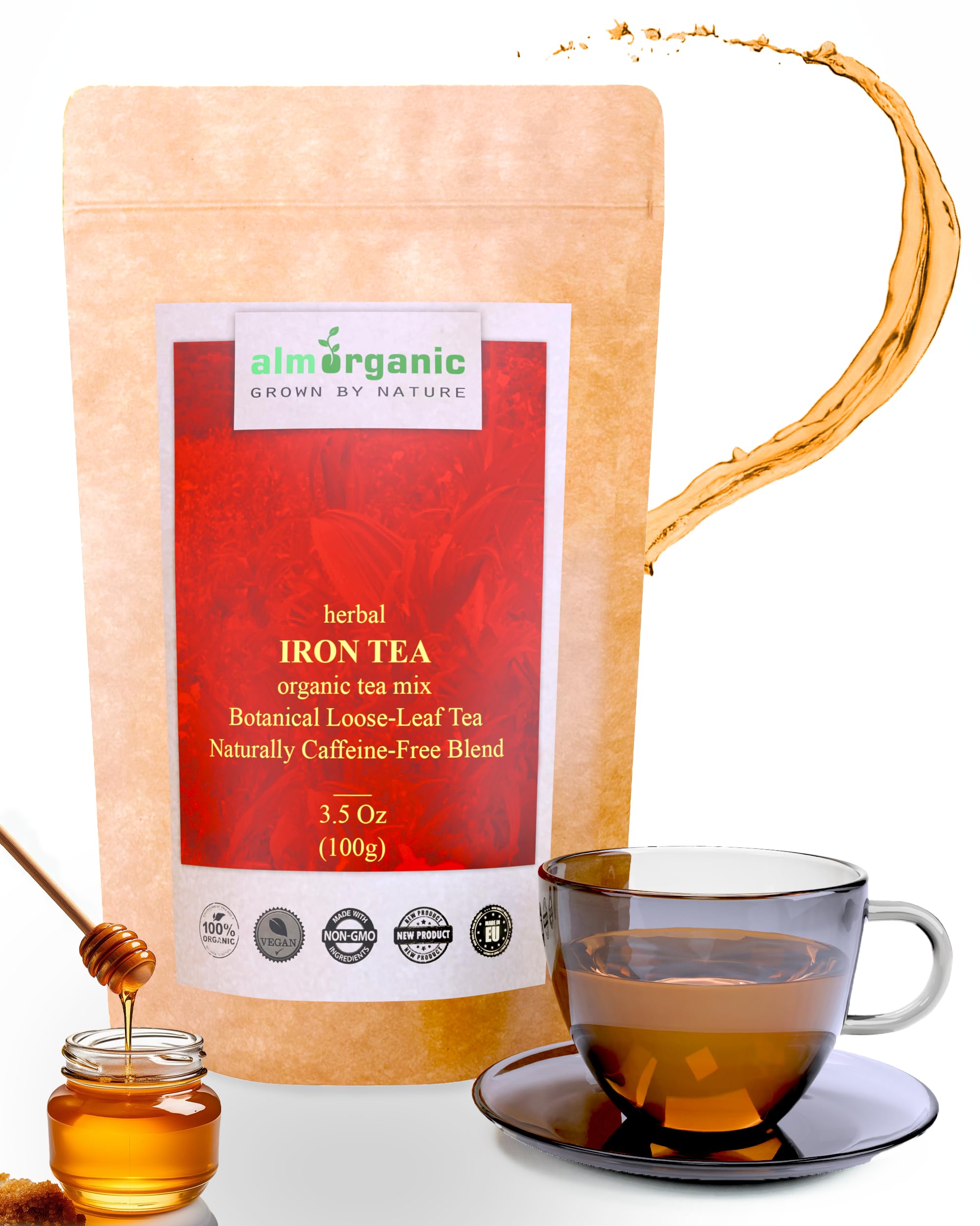 Herbal Tea - Natural Iron Supplement for Women, Men, and Kids - Loose Leaf Blood Builder Tea - Easy-to-Brew with Vitamin C, Loose Leaf and Caffeine Free - Alm Organic 3.5 Oz (100g)