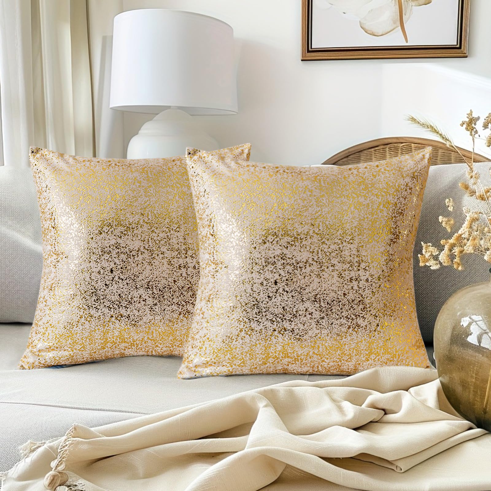 Traziewell Gold Cushions Covers Set of 2 Cushion Cover 45 x 45cm Hot Stamping Gold Decorative Throw Pillow Cases for Couch Home Decor Square 18x18 Inches 822 — image 1