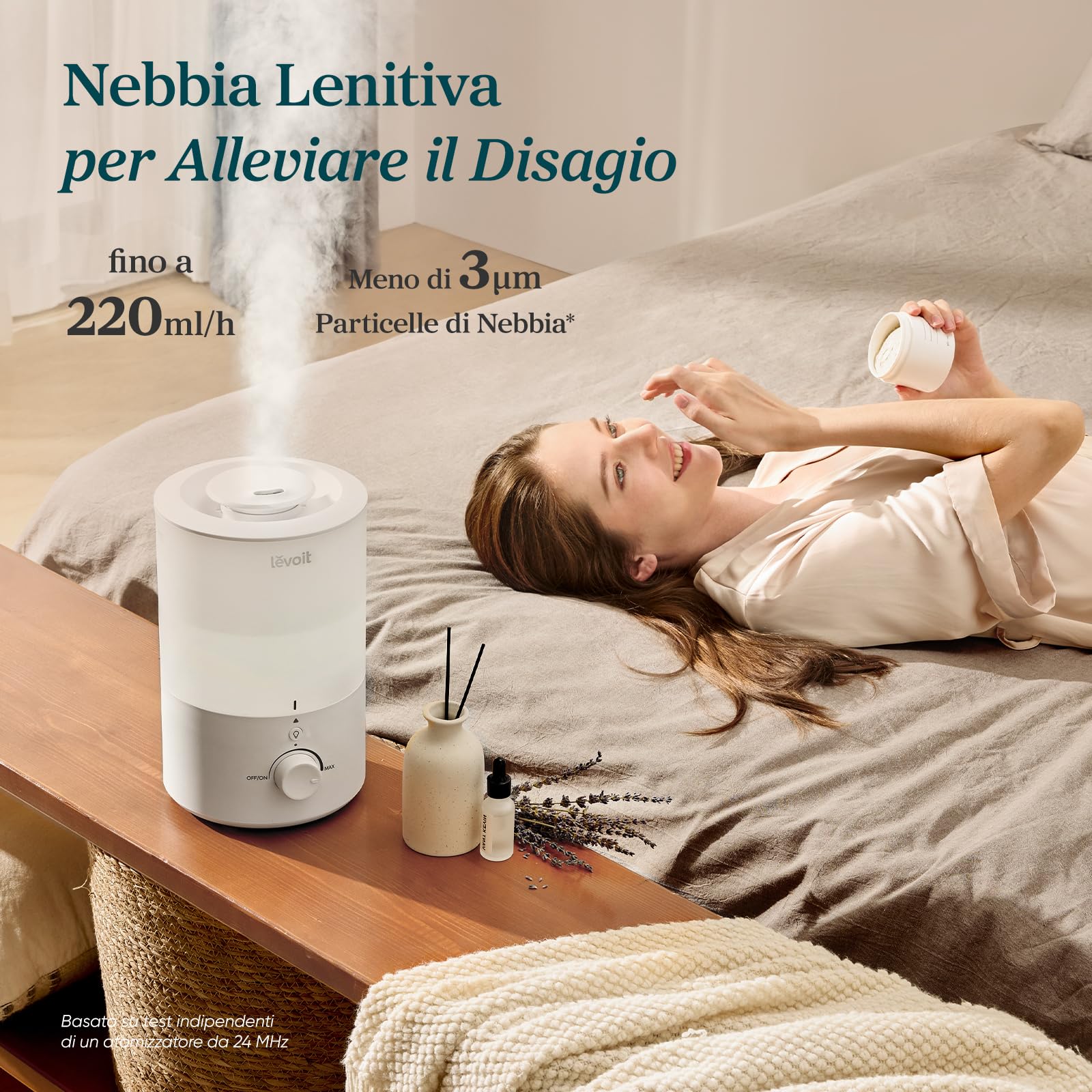 LEVOIT Umidificatore Ambiente, Top Fill, 3L/25H di Durata, 28dB Silenzioso, con Luce e Aromaterapia, Auto Spegnimento, Ugello a 360°, Facile Pulizia della Lavastoviglie, per Qualsiasi Camera