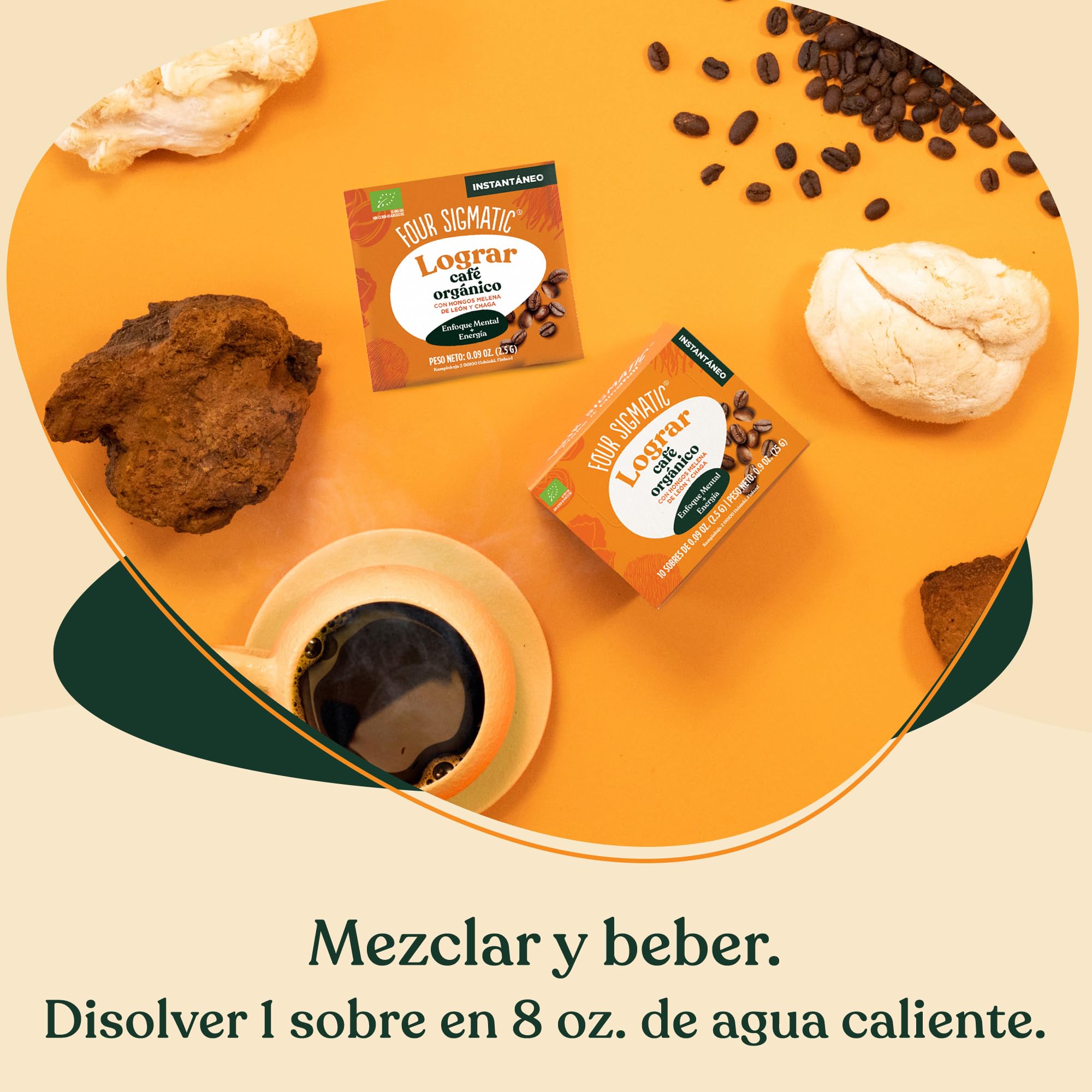 Four Sigmatic Café instantáneo orgánico en polvo de | Café instantáneo arábica individual con melena de león, chaga y rodiola | Mezcla instantánea de café de hongos para una mejor concentración y