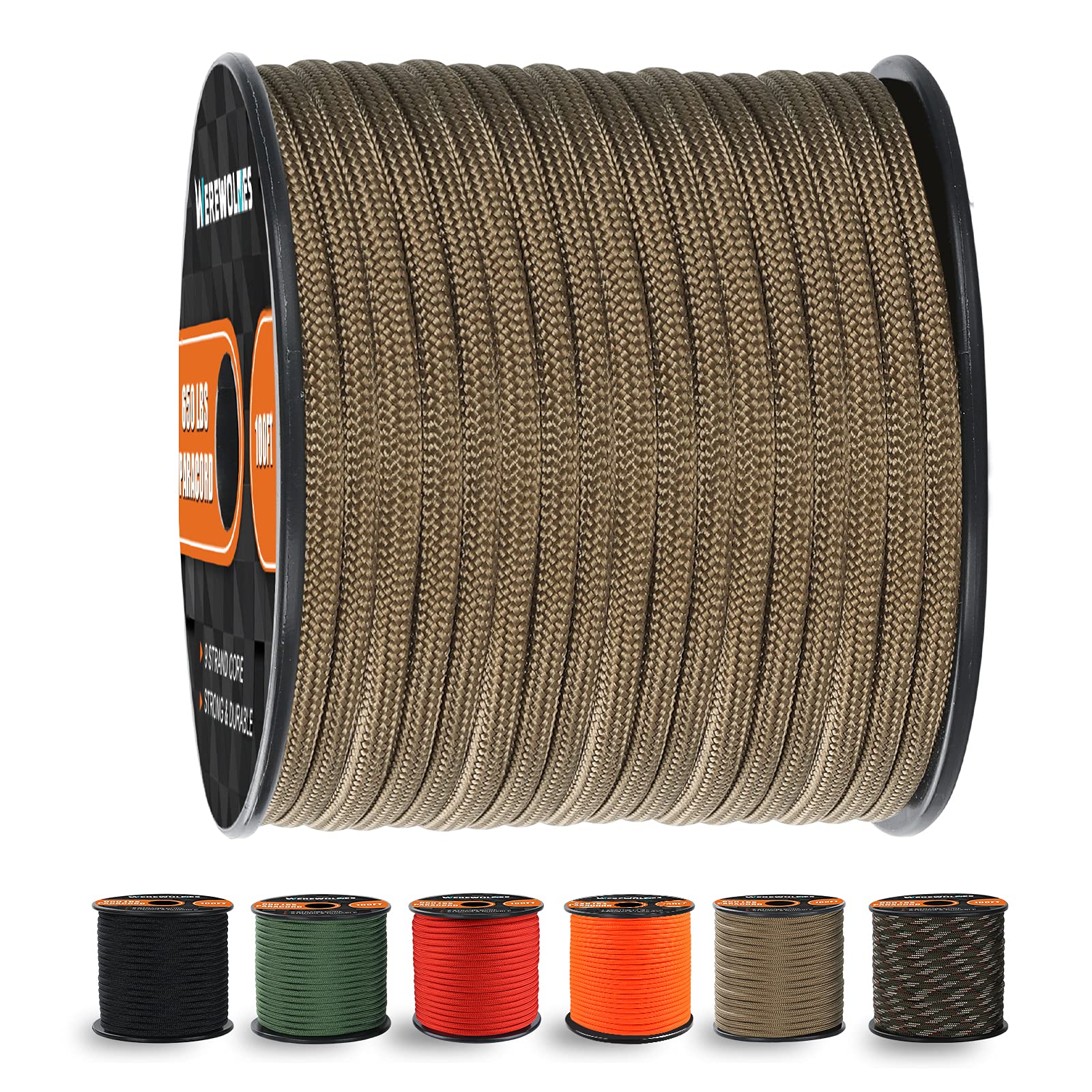 650lb Paracord/Parachute Cord - 9 Strand Paracord Rope - 100', 200' Spools of Parachute Cord, Type III Paracord for Camping, Hiking and Survival (Coyote Brown, 200 Feet)