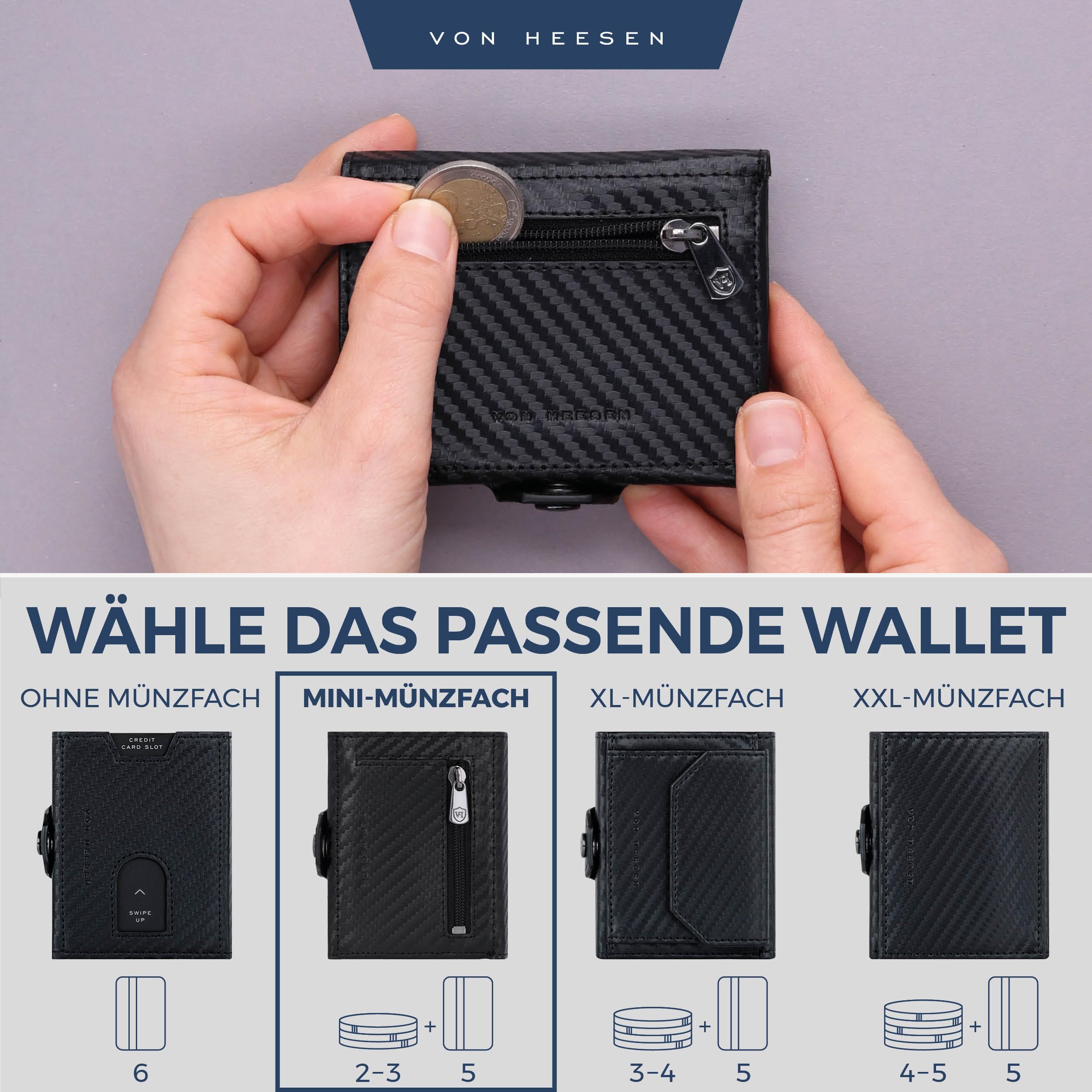 VON HEESEN Slim Wallet mit Münzfach & RFID Schutz - Geldbörse Herren & Damen - Kartenetui Kreditkartenetui - Mini Portmonee Geldbeutel Portemonnaie klein Carbon-Schwarz