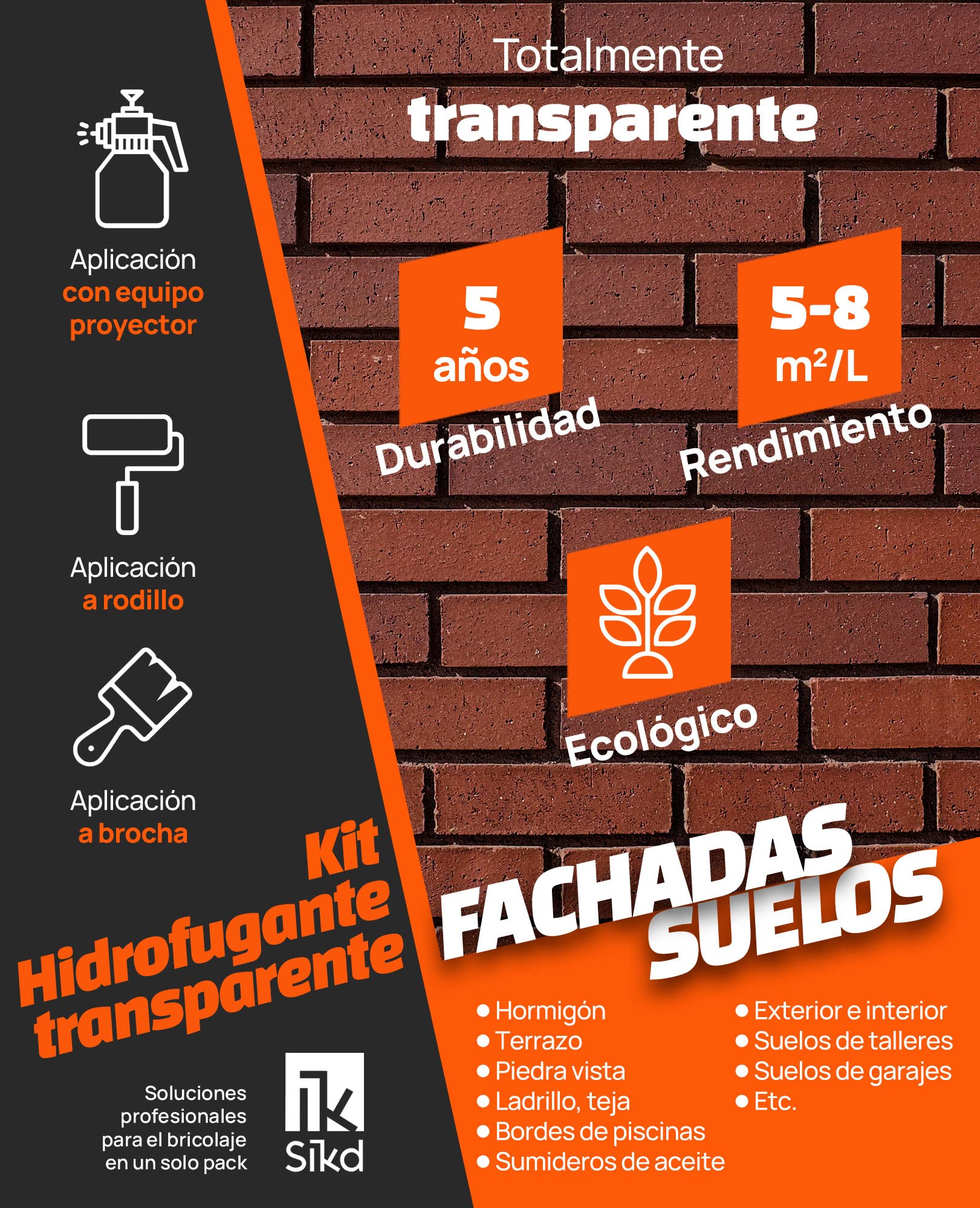 SIKD - Impermeabilizante Transparente. Hidrofugante Repelente al Agua para Fachadas y Suelos Pétreos 5 Litros. Pulverizador a Presión de 2 L para su Aplicación