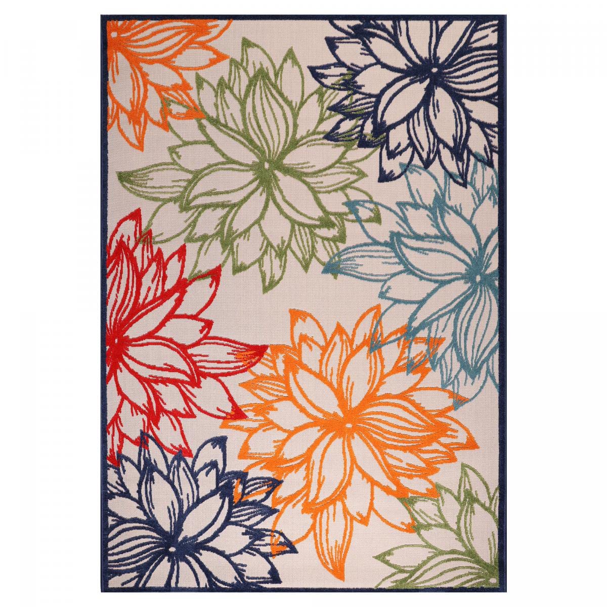 Tapis Exterieur, 200 X 290 Cm, Polypropylène, Motif Nature Floral, Bleu Beige Orange Rouge, Relief Décoratif Tissé, Terrasse Jardin, 7519