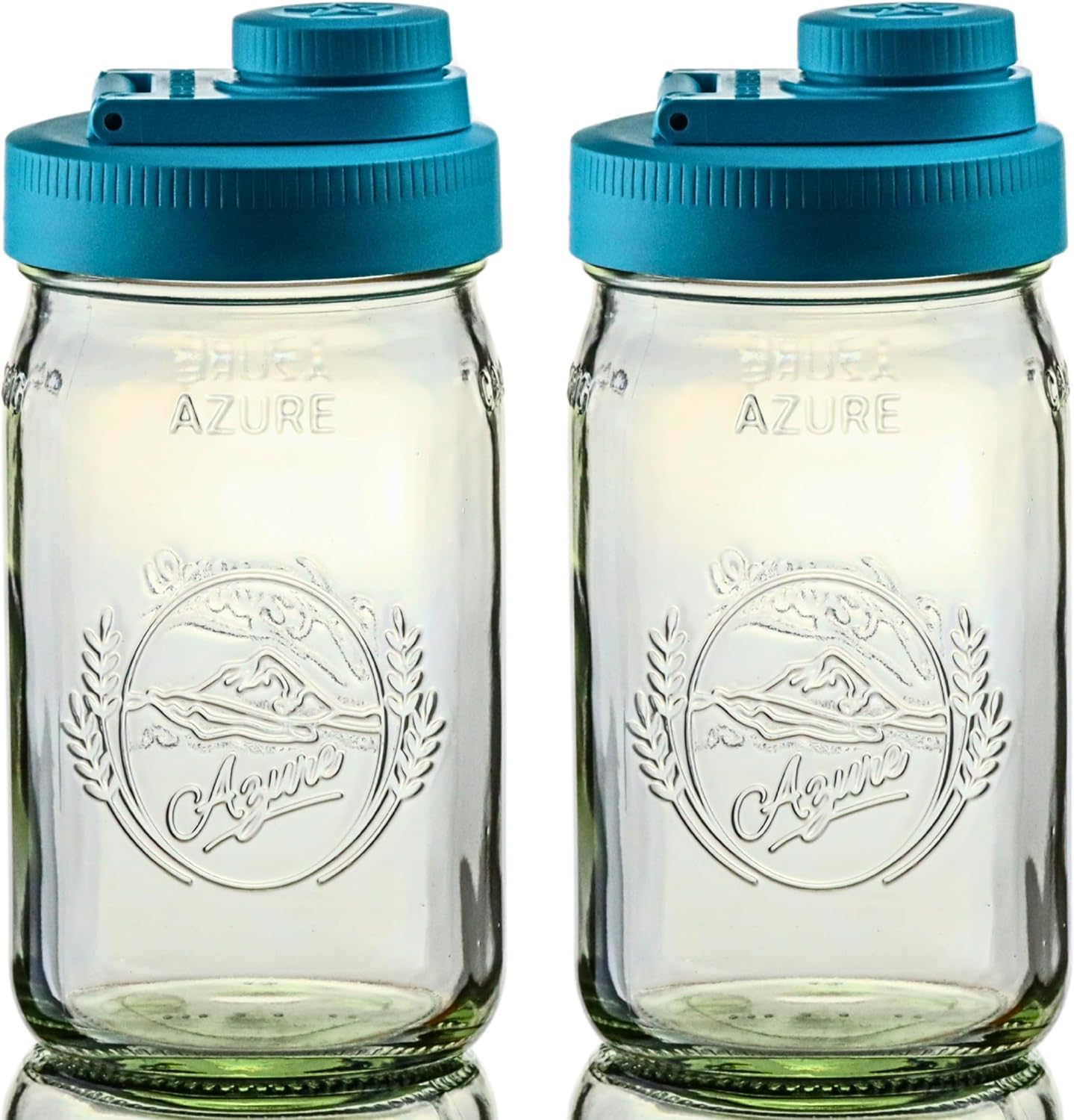 Brewing America Glass Mason Jar Pitcher with Lid, 1 Quart (32 oz) with Teal Wide Mouth Pour Lid, for Smoothie, Boba Cup, Sun Tea, Cold Coffee Glass Tumbler, 2-Pack