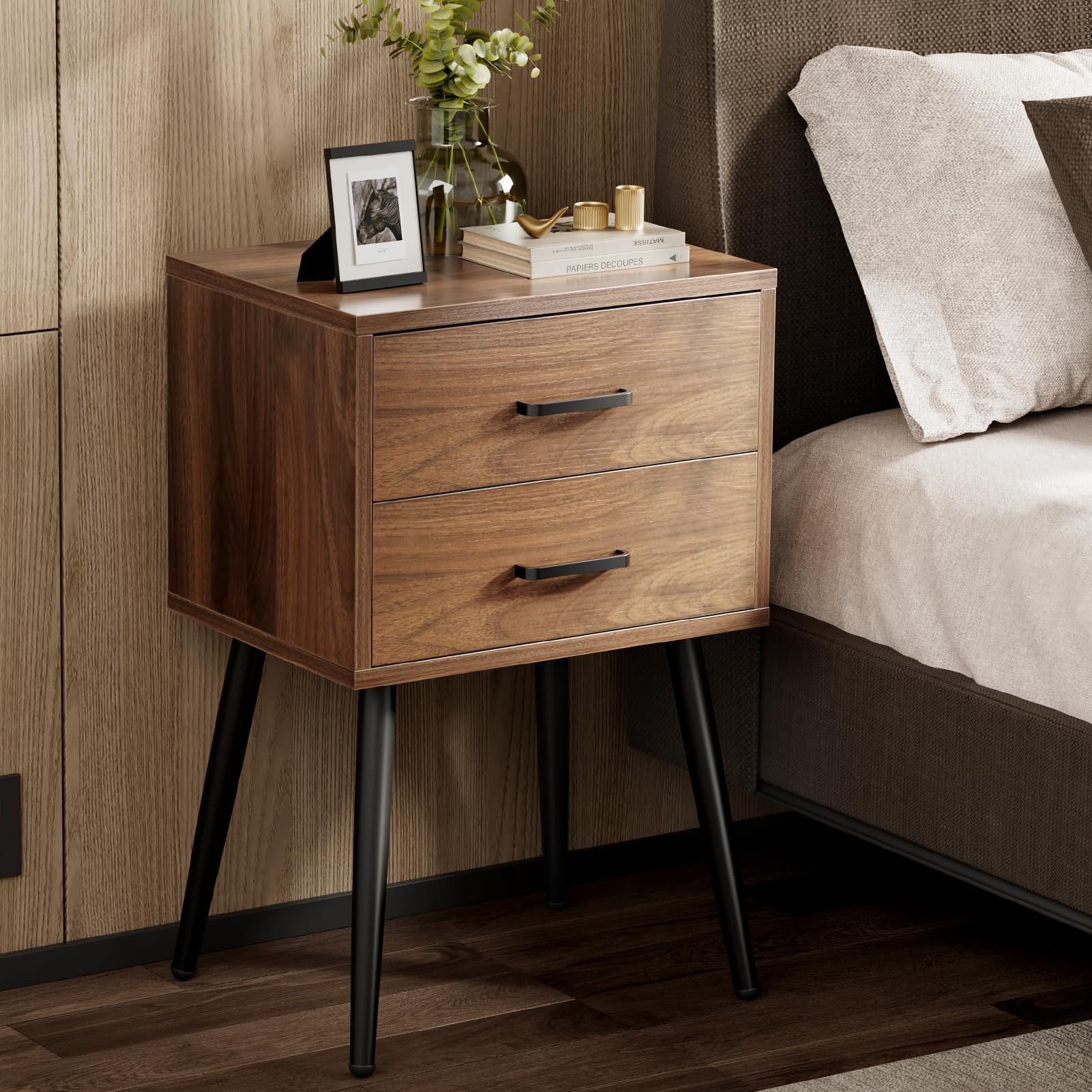 INMOZATA Mid Century Modern Nightstand with 2 Drawers, Vintage Bedside