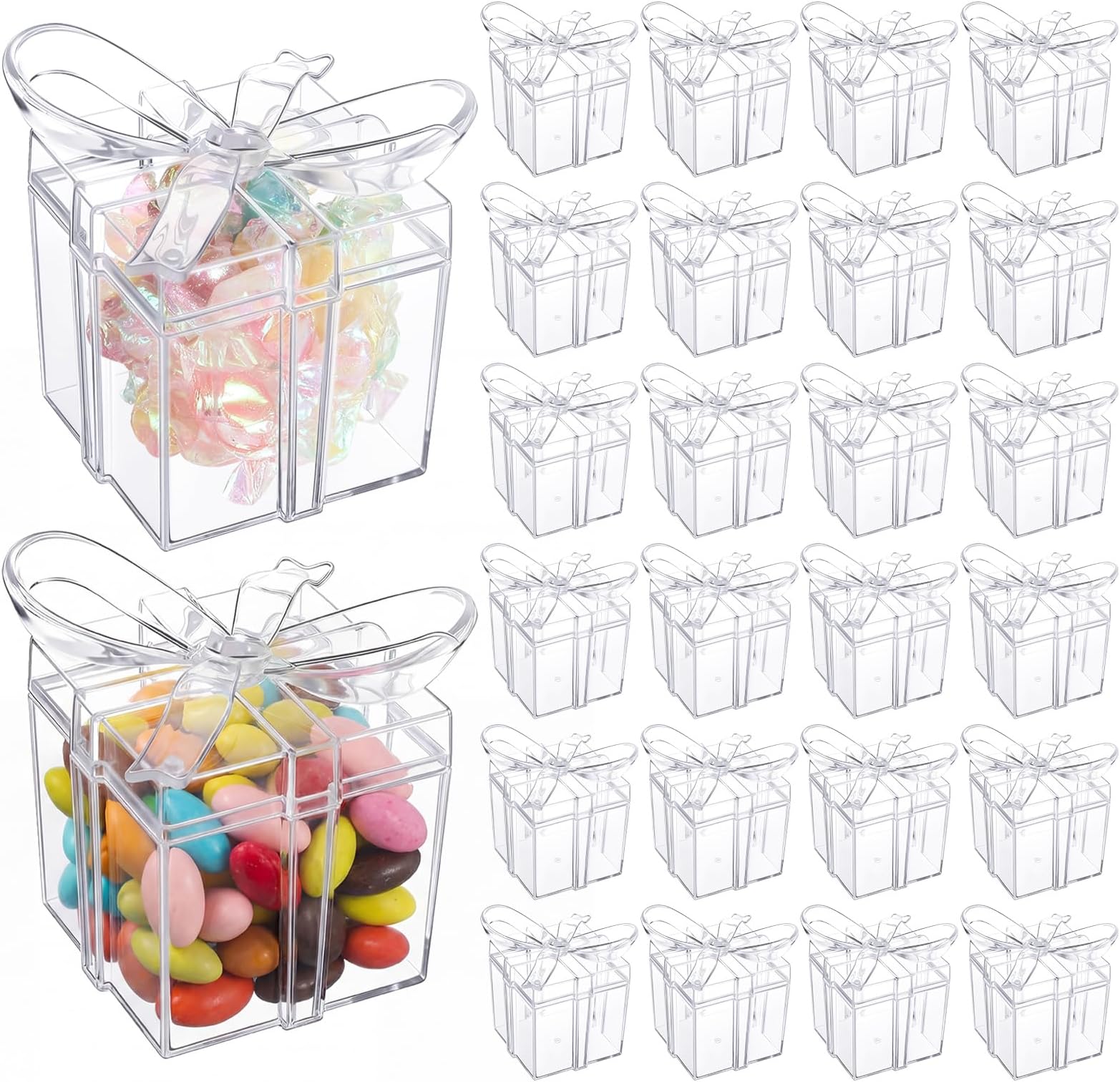 Potchen 24 Pack Clear Acrylic Gift Boxes with Bow Lid 2 x 2 x 2.3 Inch Small Party Favor Boxes Mini Candy Treat Containers for Wedding Baby Shower Birthday Party Decoration Supplies