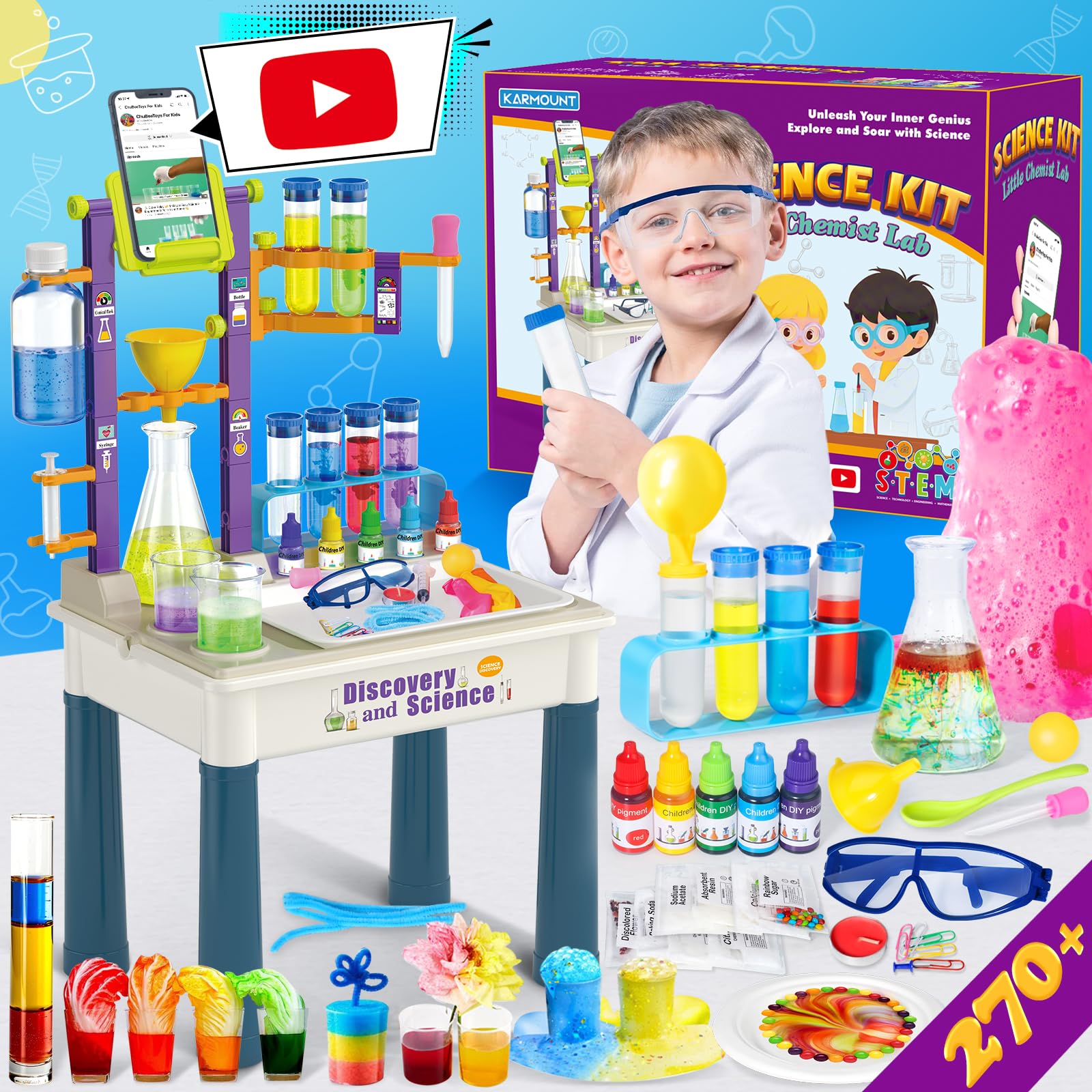KARMOUNT 270+ Experiments Science Kit Chemistry Set for Kids 4-6, Science Activity Table and Video Tutorial,Kids Goggles, STEM Educational Toys for 4+ Year Old, Gift for Boy Teens 4 5 6 7 9 10