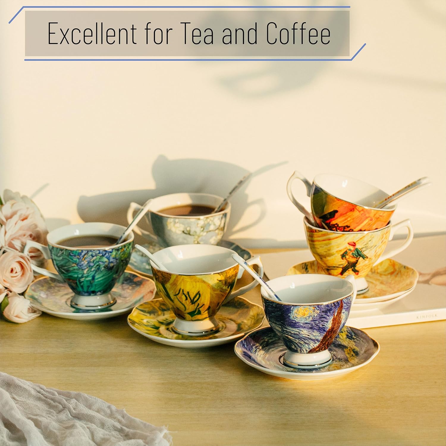 8 oz Ceramic Tea Cups with Saucers and Spoons Set