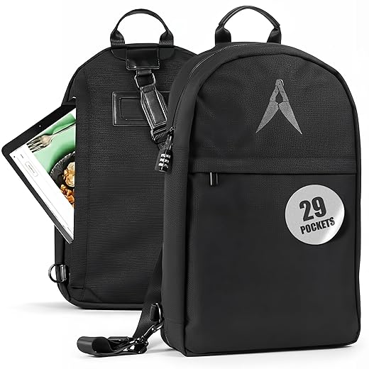 ExecuChef Knife Bag with 29 Pockets for Knives and Kitchen Utensils | Business Card Holder and Lock | Water Resistant and Durable Ballistic Nylon Backpack for Professional Chefs and Culinary Students