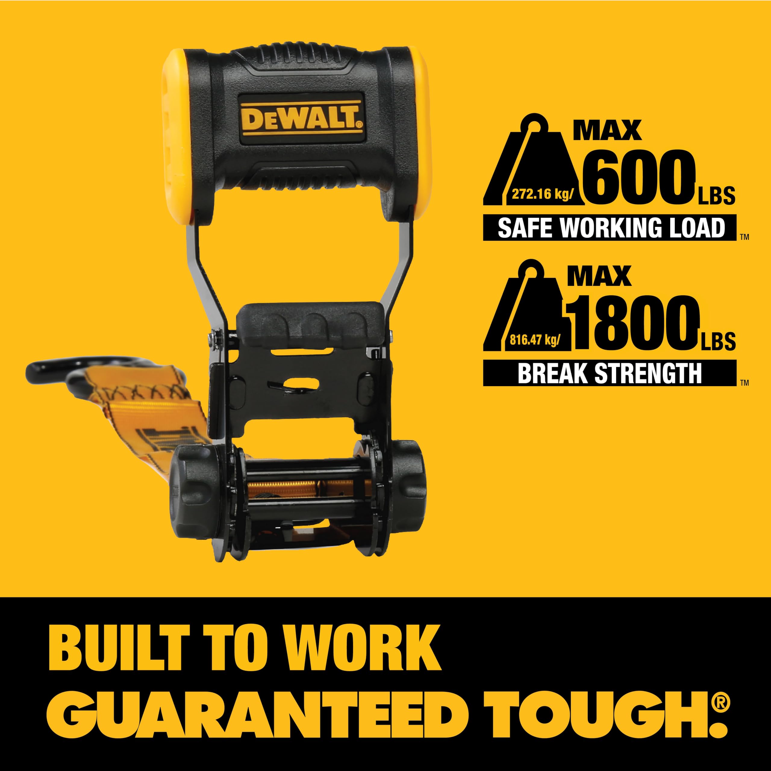 DEWALT DXBC18004 Lot de 4 Sangles d'arrimage à cliquet de 3,2 cm x 3,6 m, résistance à la Rupture de 816,5 kg