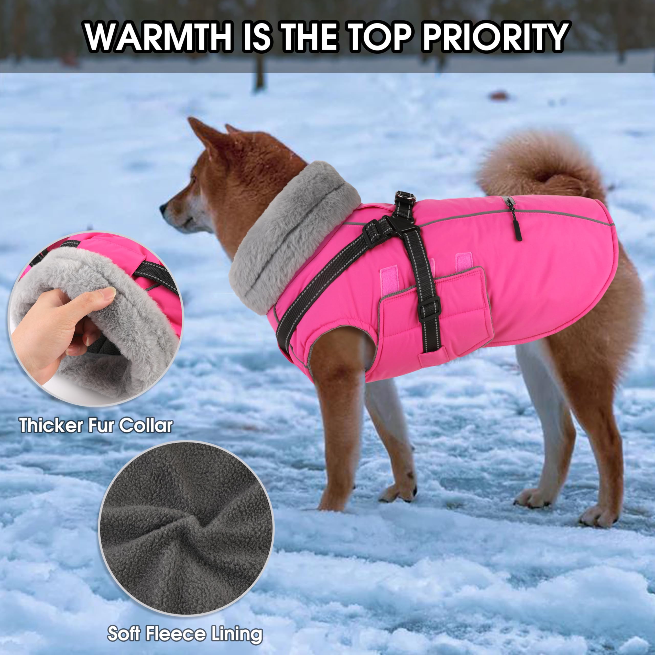 PETDSH - Chaqueta mediana para perro, arnés integrado con forro polar cálido, chaqueta reflectante impermeable para perro, abrigos para mascotas con bolsillo y bolsas de basura (rosa, M)