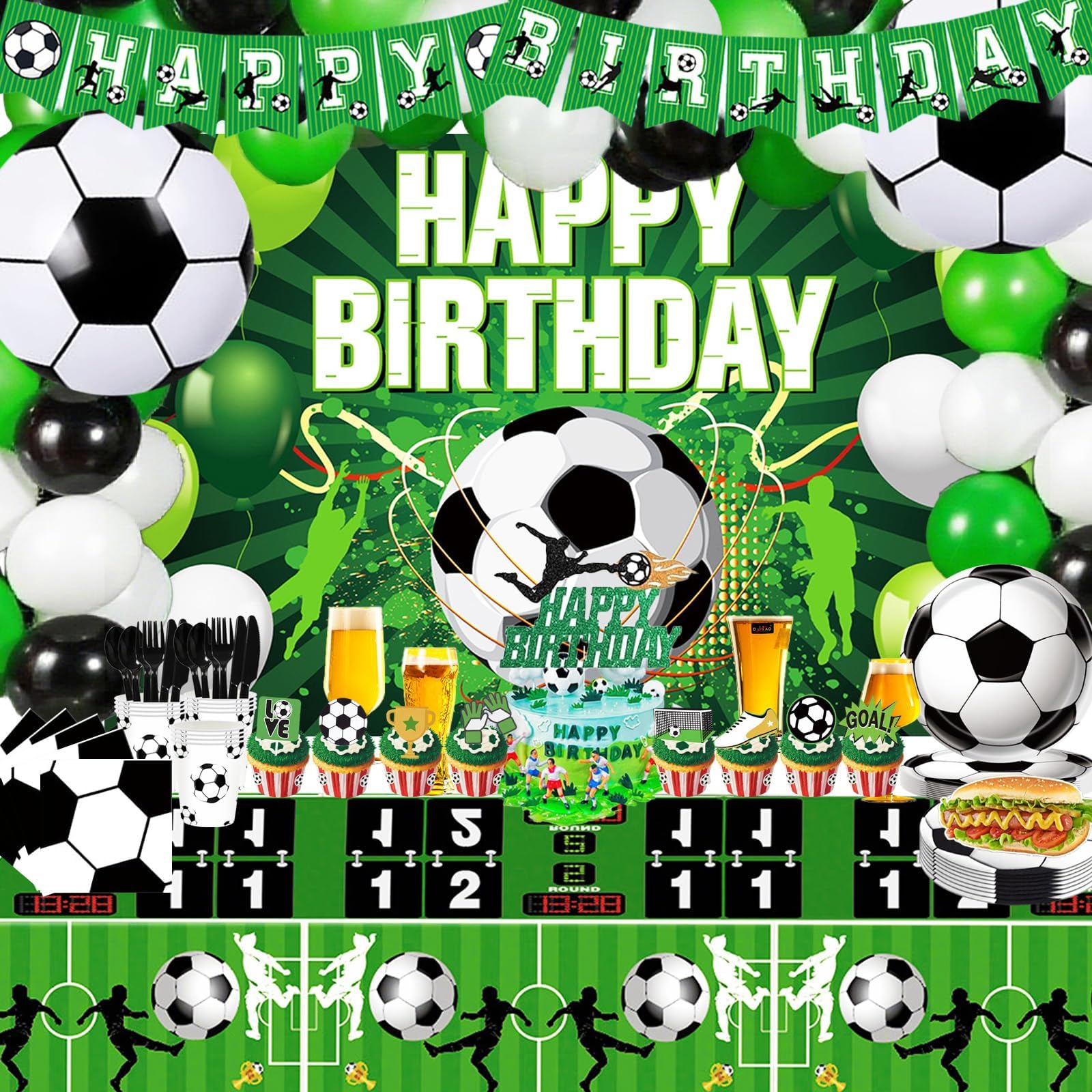 Soccer Birthday Party Decorations, 135PCS Soccer Decorations for Party Includes Soccer-Balloons Banner Backdrop Tablecloth Cupcake Toppers Paper