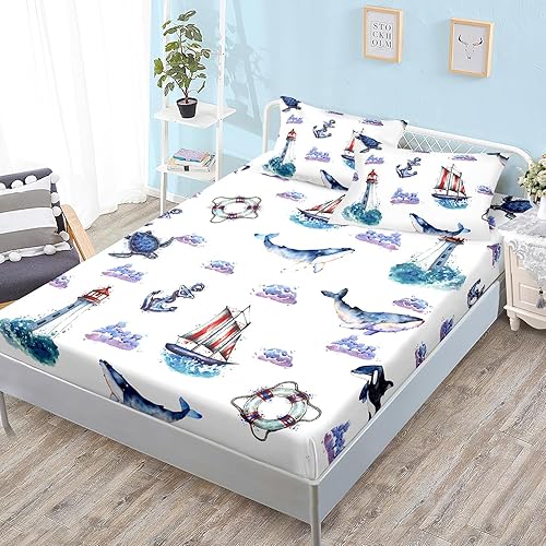 HOSIMA Juego de cama individual con diseño de animales oceánicos en una bolsa para niños y niñas, sábana bajera con 2 fundas de almohada, diseño de