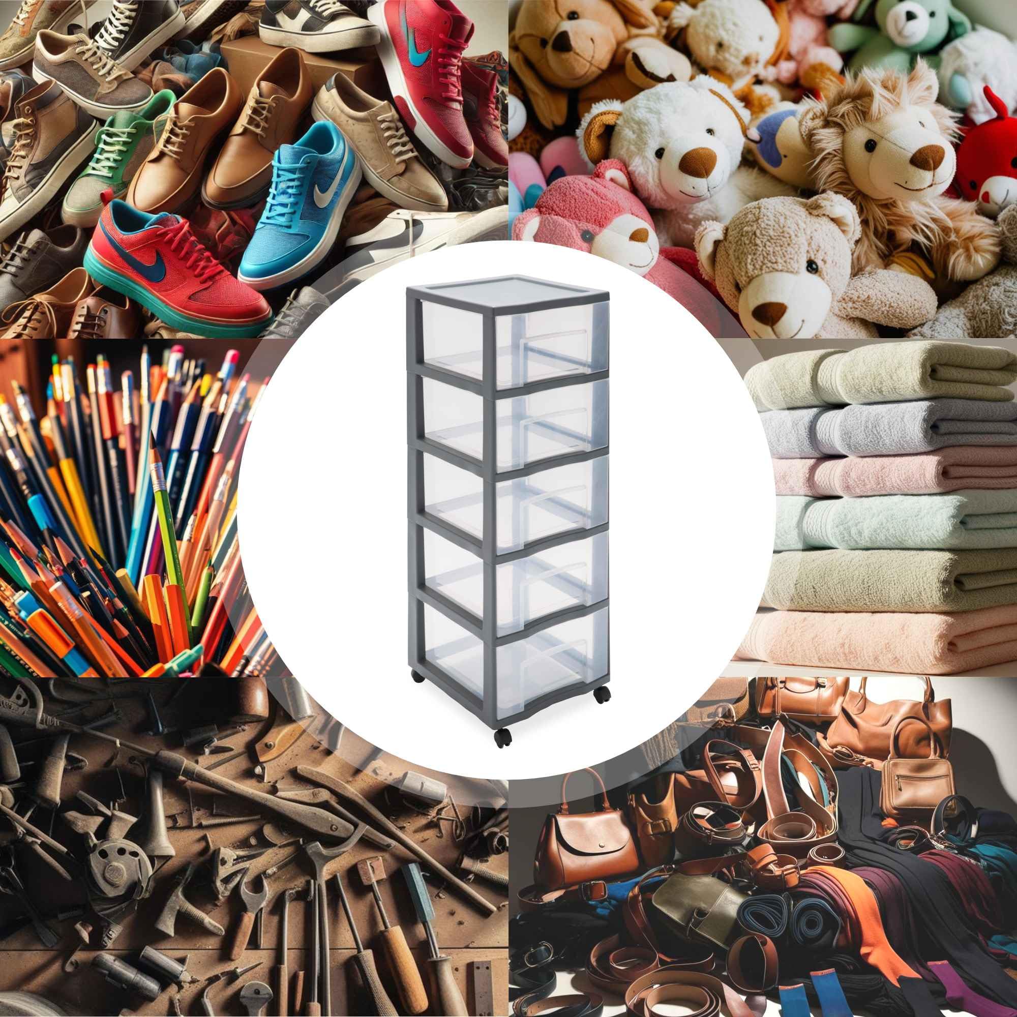 SUNDIS Tag Tower XL, tour de rangement plastique, 5 grands tiroirs, roues, Gris | Hauteur 102,5 cm, idéale rangement bureau, cours, documents, fournitures, accessoires