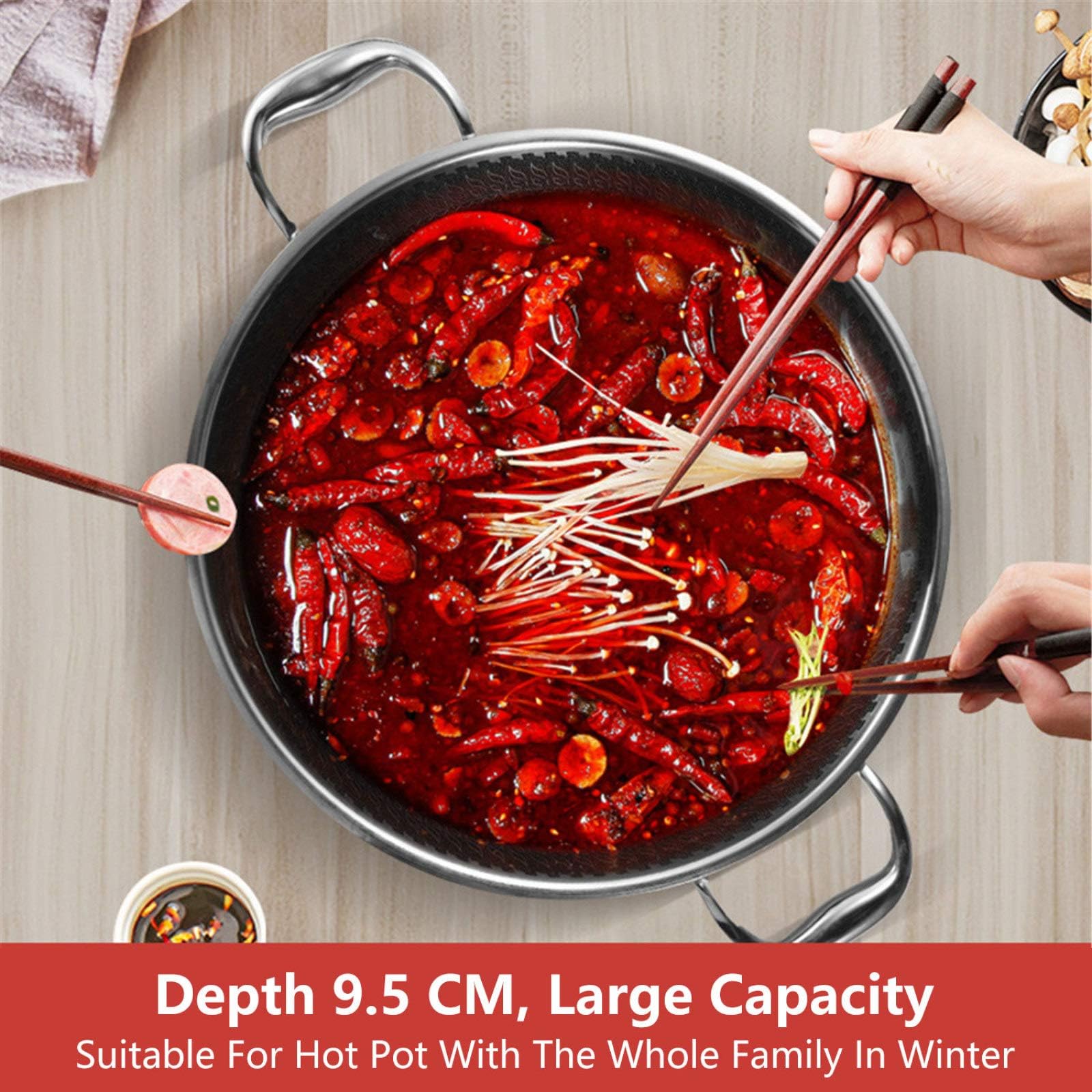 Wok de Acero Inoxidable con Tapa, Wok de inducción Antiadherente, Wok para ollas Calientes, sartenes para saltear con Doble Anillo, Wok pequeño/Grande,34cm