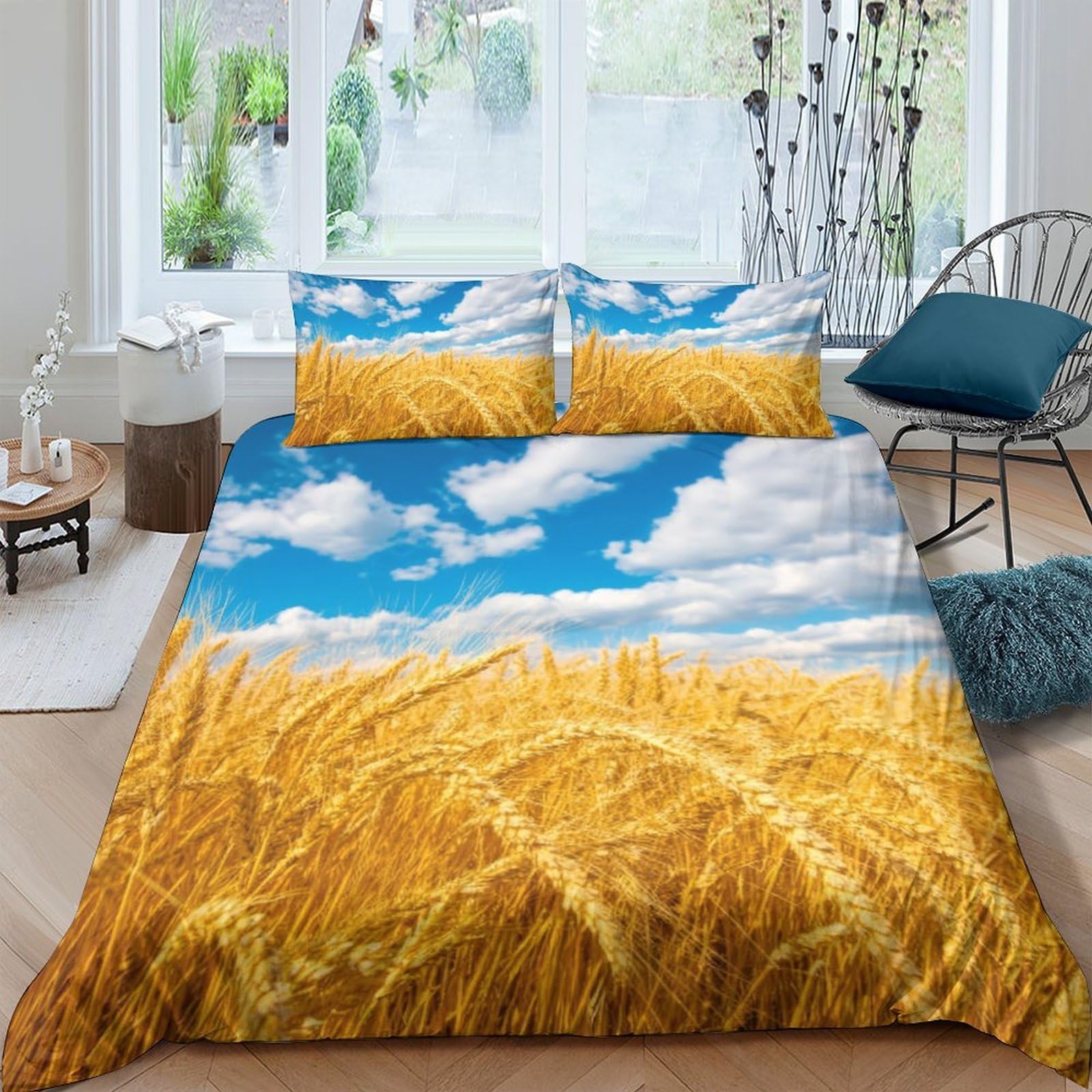 Ctjqhvkz Style-9 3D Printed Wheat Field Fitted Sheet Microfiber Soft Sky Cloud Mattress Cover For Bedroom Decor Protection Single（135X200cm）