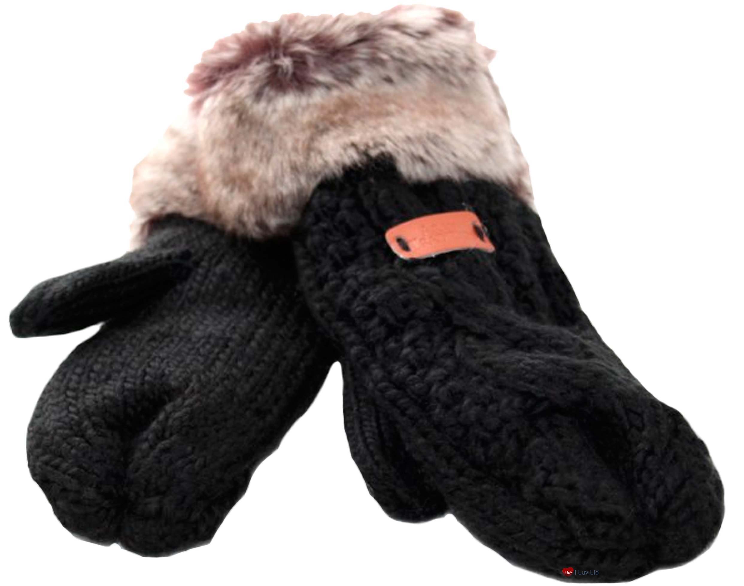 I LUV LTD Ladies Aran Knit Mitts in Black with Fur Cuffs