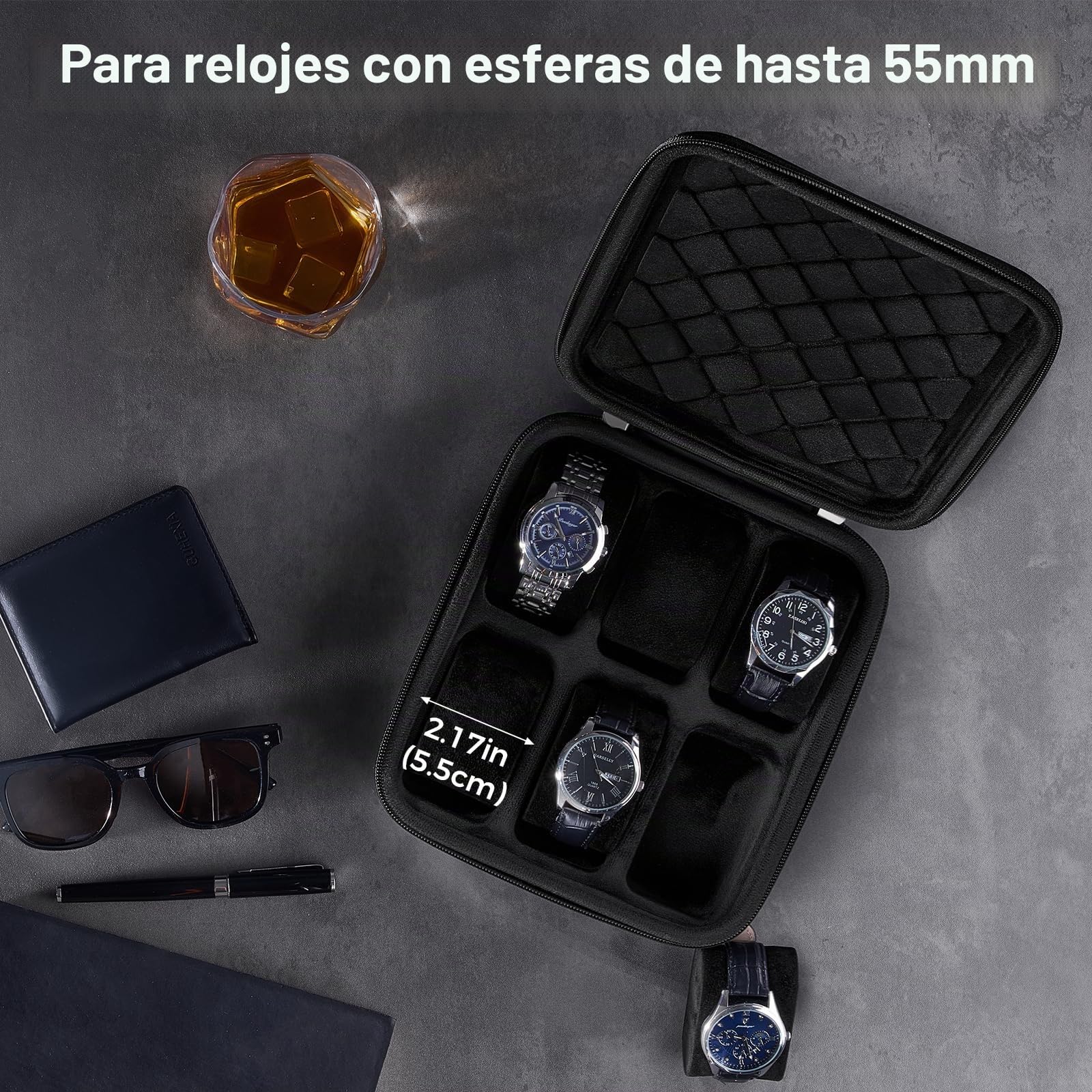 ProCase Estuche para Relojes de Viaje - Caja Rígida con 6 Ranuras, Organizador Multi-Compartimentos. Ideal para Hombres y Mujeres de Negocios, Práctico para Viajes, Regalos y Uso Diario - Negro