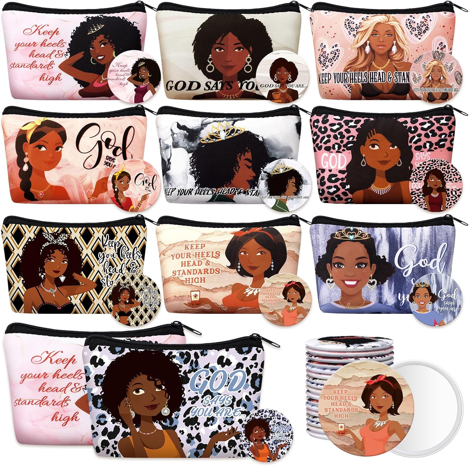 Kacctyen 20 Pcs Inspirational Gifts 10 Black African Women Makeup Bag 10 Mirrors Canvas Zipper Cosmetic Bags Travel Toiletry Pouch Bulk for Church Women Afro Housekeepers Teacher Coworker Employee