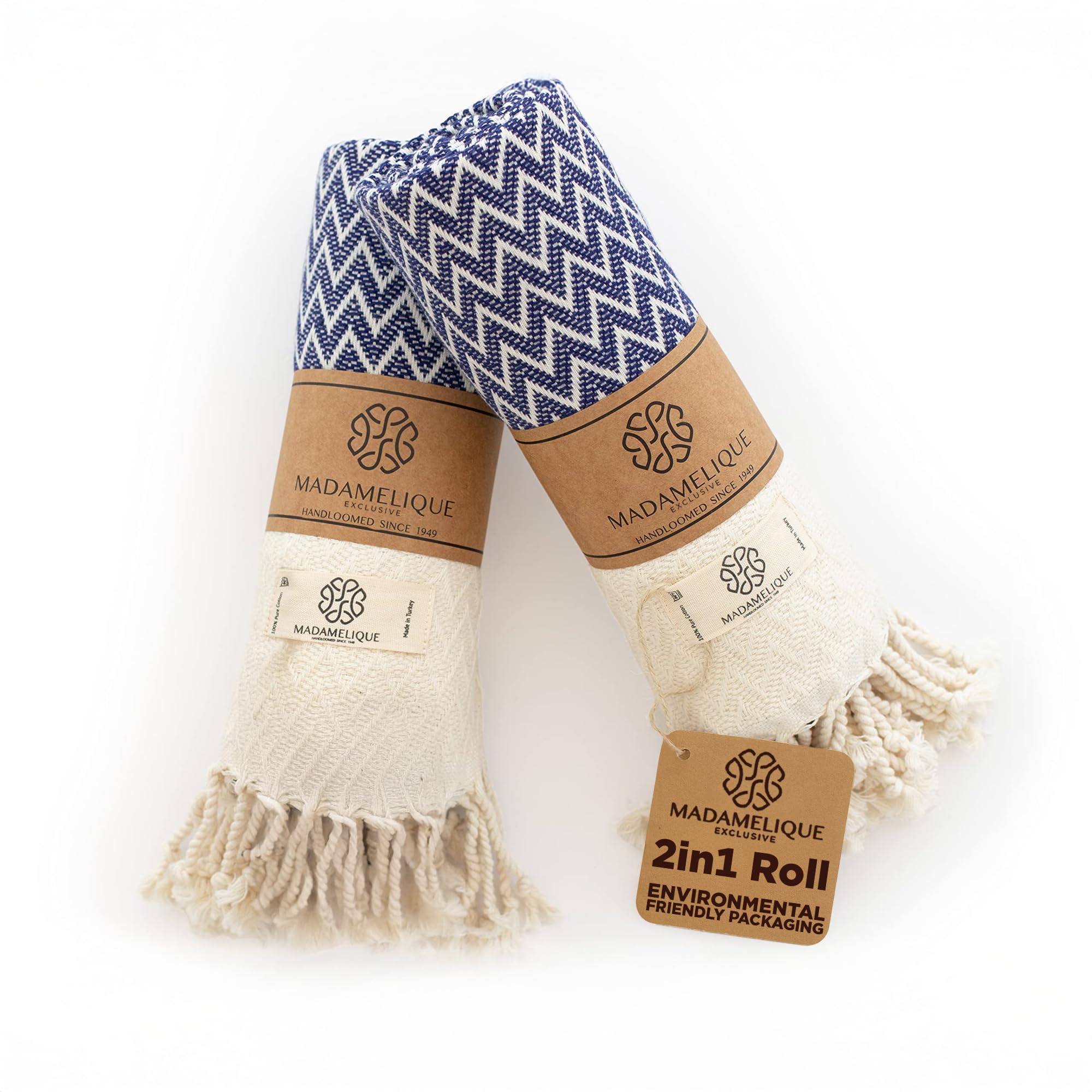 Madamelique Exclusive Hand Towels Set of 2-18 x 40 Inches - Decorative Bathroom Peshtemal Towel for Hand, Face, Hair, Yoga, Tea, Dishcloth, Kitchen and Bath - 100% Pure Cotton (Navy)
