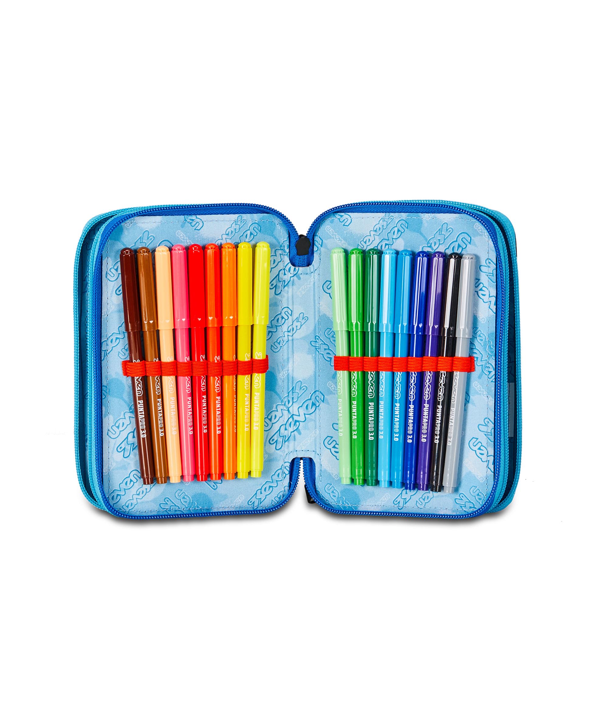 Seven Astuccio Scuola 3 Zip, Blue Deep, Mapset Boy, Portapenne Triplo Scomparto Completo Di Penne, Matite, Colori, Accessori Zaino, Elementari, Medie, Superiori, Ragazzo Ragazza