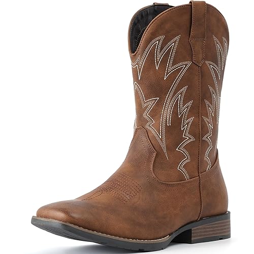IUV Cowboy Boots For Men Square Toe Western Boots Durable Classic Embroidered Pull On Boot Slip Resistant Country Boot