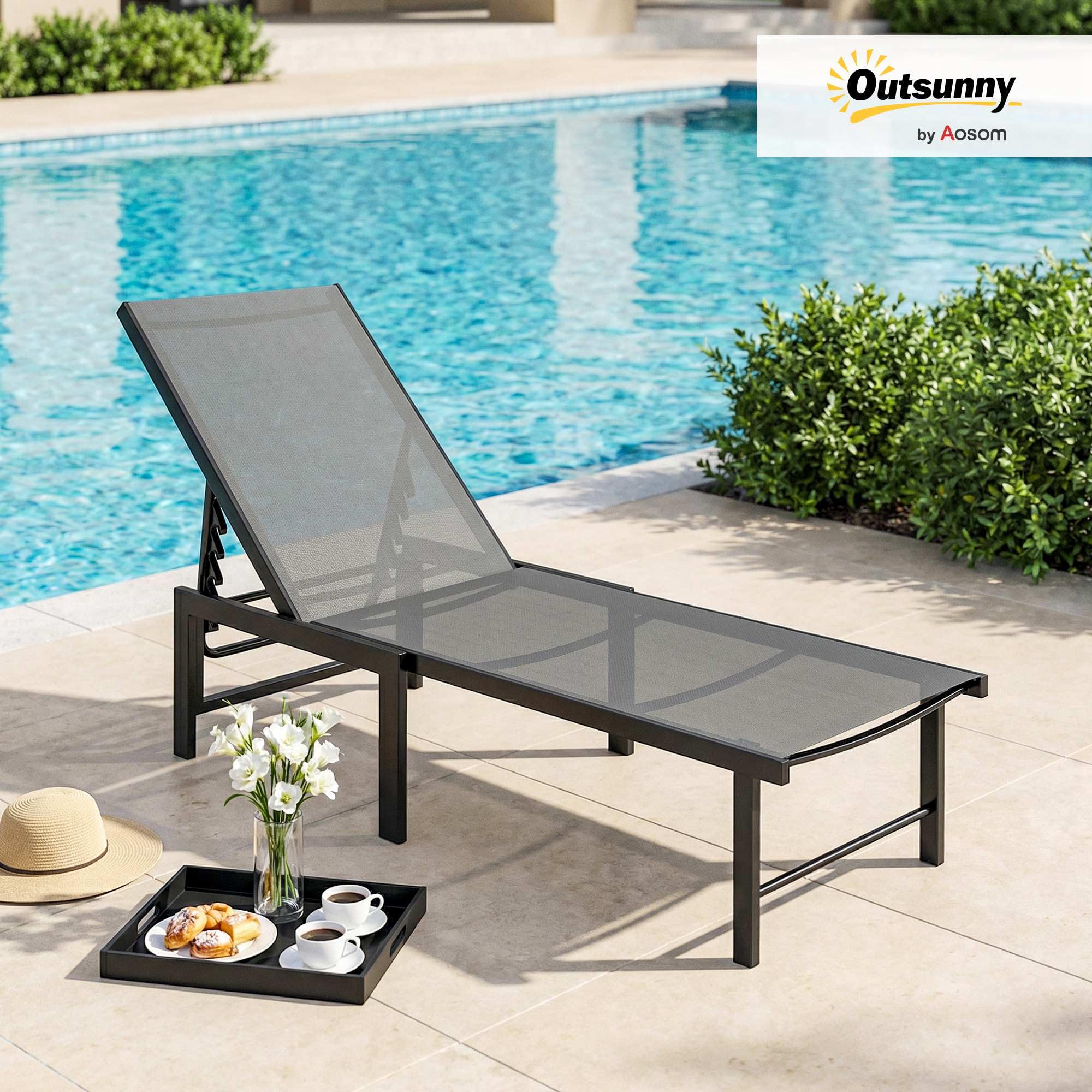 Outsunny Tumbona Jardín Exterior, Tumbona Reclinable con Respaldo Ajustable en 5 Niveles y Estructura de Acero, Impermeable, Carga 120 kg, para Patio, Terraza, Balcón, 166x60x84 cm, Gris