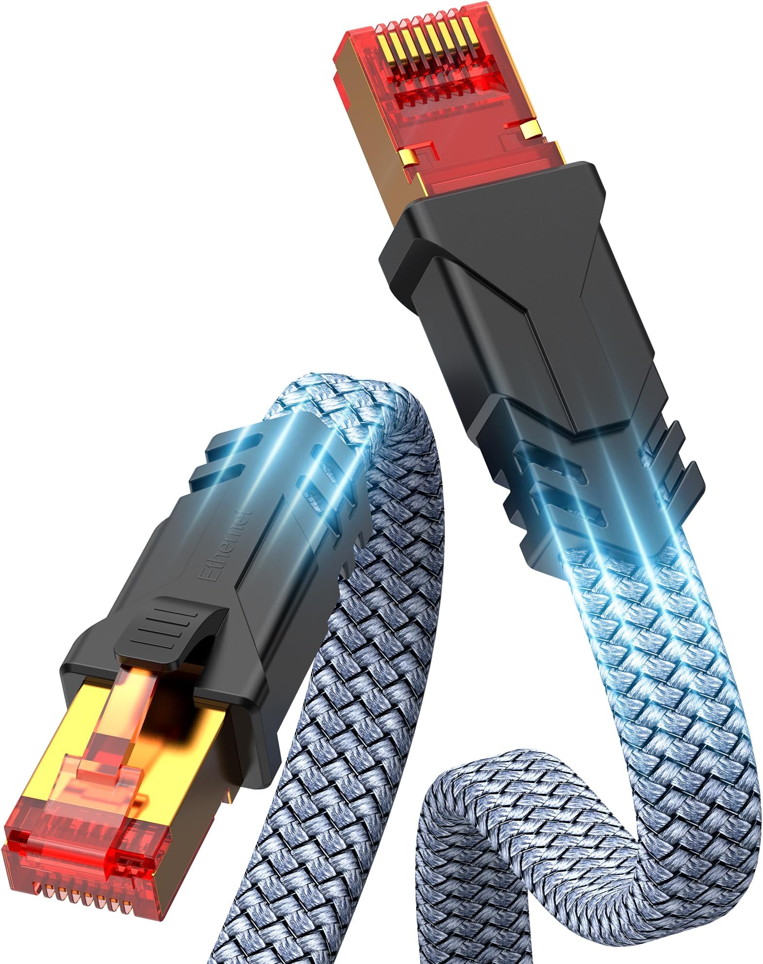 Snowkids Cat 8 Ethernet Cable 10 FT, Flat High Speed 10 FT Ethernet Cable, 40Gbps, 2000Mhz Braided High Duty Long Ethernet Cable, Gold Plated RJ45 Connector for Modem/Router/PS3/4/5/Gaming/PC