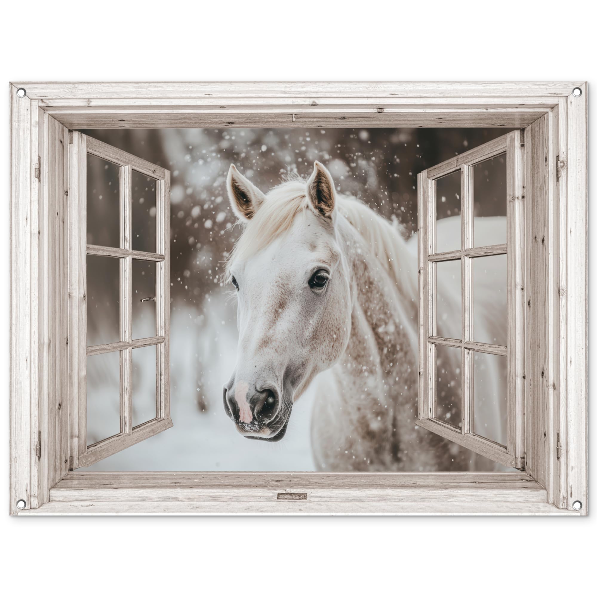 MuchoWow© Póster De Jardín Terraza Exterior Accesorios Jardin Decoracion | 120x90 cm - Pared Decorativa Balcon Wall Decoration Posters Decorativos Caballo - Blanco - Invierno - Nieve - Transparente