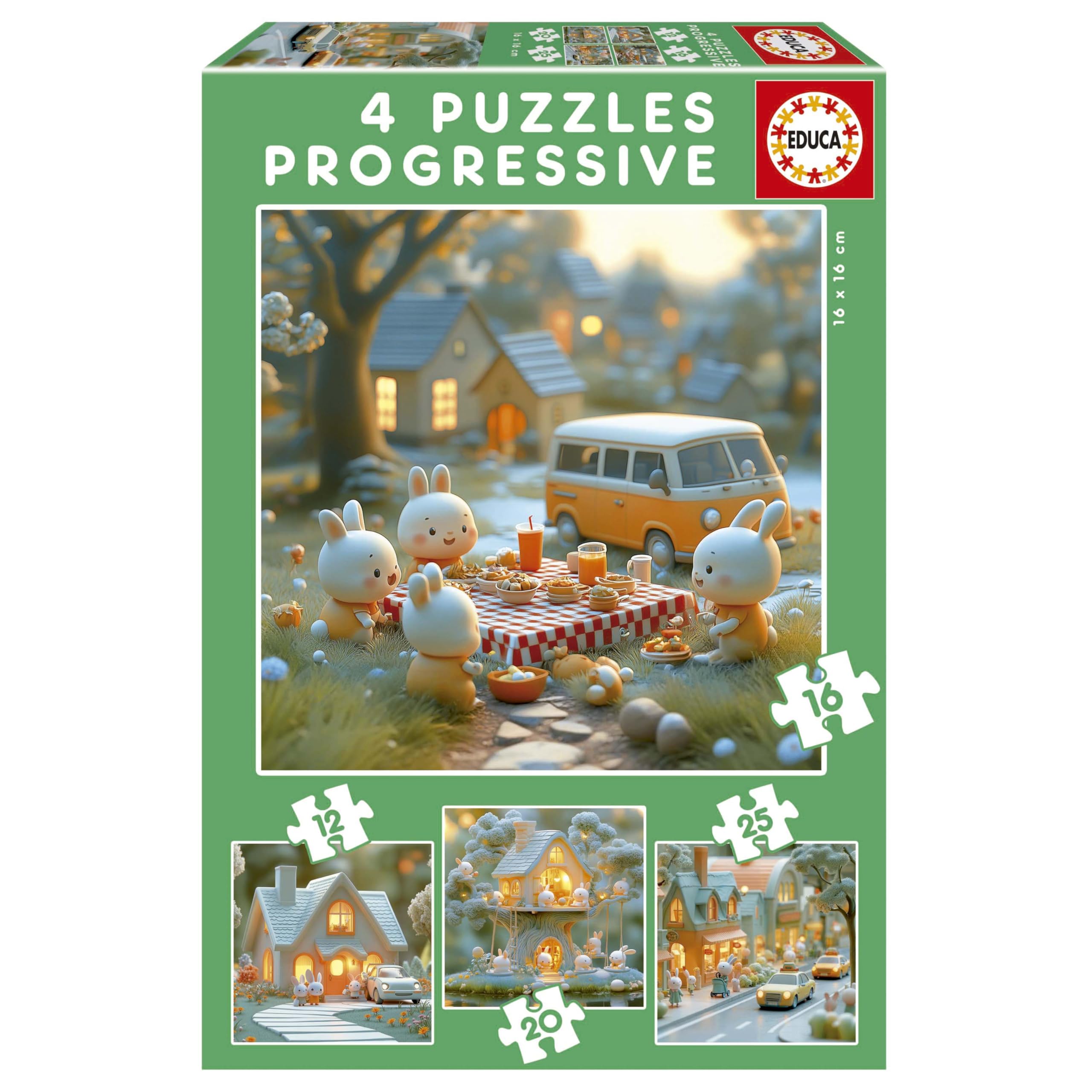 Educa - Kinderpuzzle Stadt der Hasen | 4in1 Puzzleset 12/16/20/25 Teile | Tierpuzzle, Progressiv | ab 3 Jahren (20217)