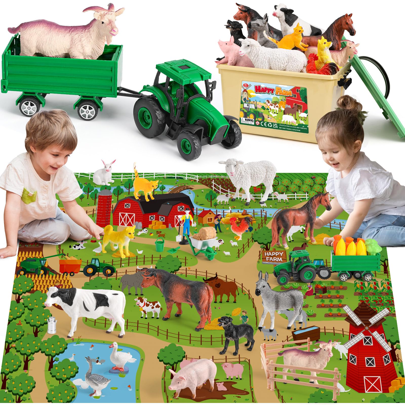 KNASON Animales Granja Juguete con Grande Tapete Juego 120x80cm,38 Pieza Animales de Juguete con Jumbo Figuras Animal,Tractor Juguetes y Granja Apero,Educativo Juguetes para Niños 3 4 5 6 Años
