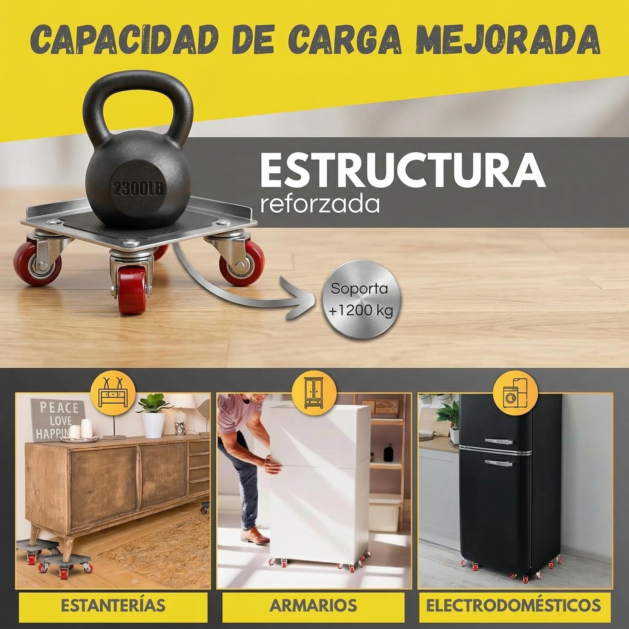 Elevador de Muebles con Ruedas Giratorias 360º Kit Transportador para Mover Muebles Pesados en Casa, Sofás, Lavadoras y Frigoríficos |Mueve Muebles de hasta 1200kg|
