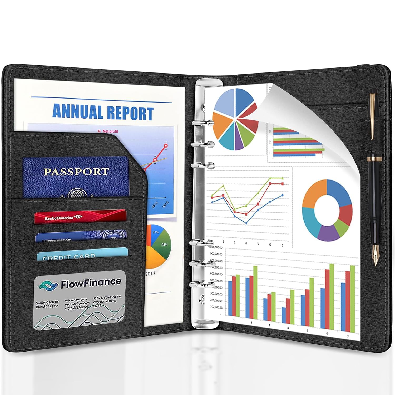 Kincown A5 Binder, PU Leather Notebook Binder, Business A5 Binder 6 Ring with Elastic Band Closure, Refillable Personal Planner Binder for Men, Budget Binder for A5 Filler Paper, Black