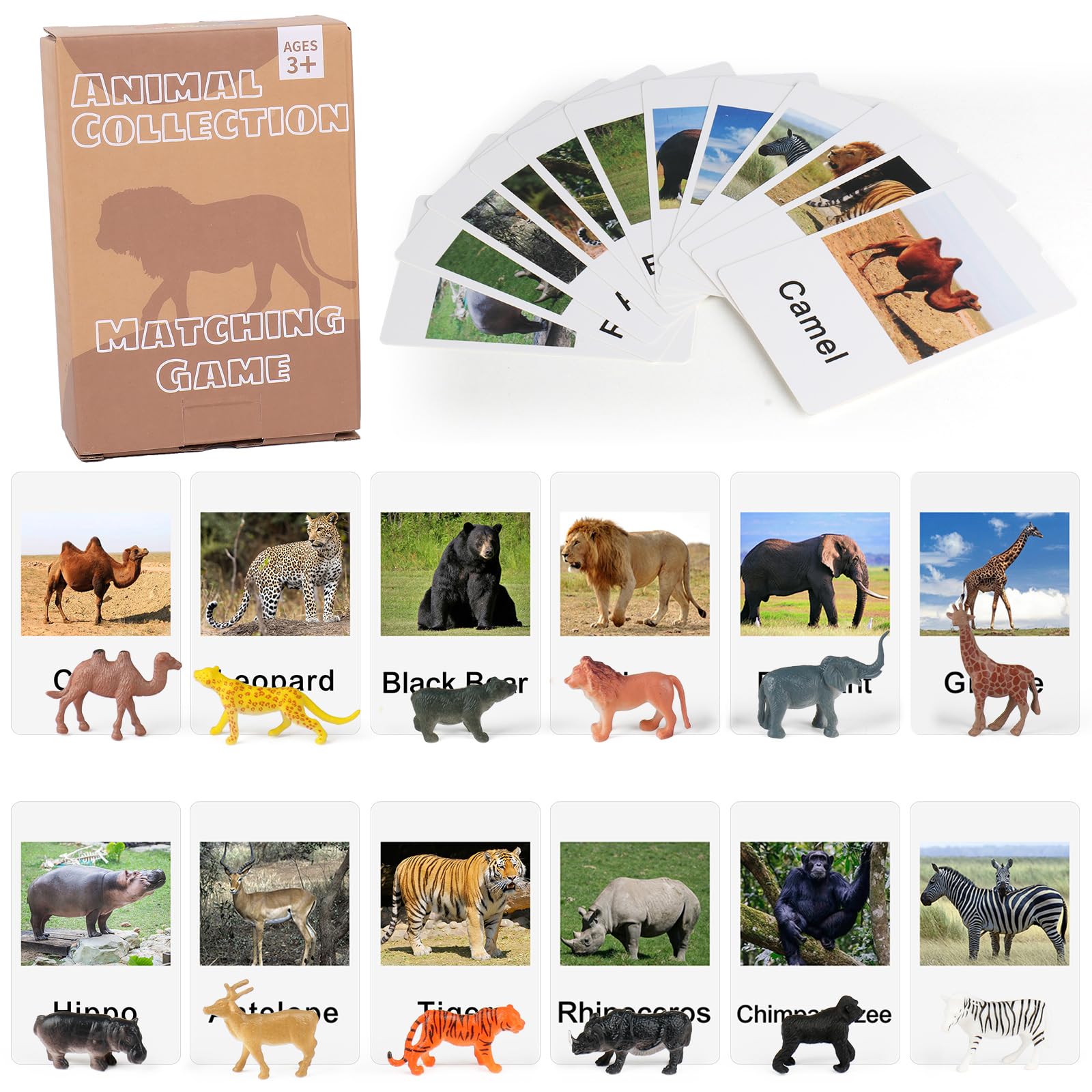 Montessori Zoo Safari Animal Match - Miniature Figurines with 2 Part Matching Cards Montessori Language Materials Preschool Learning Toy NEWTT004